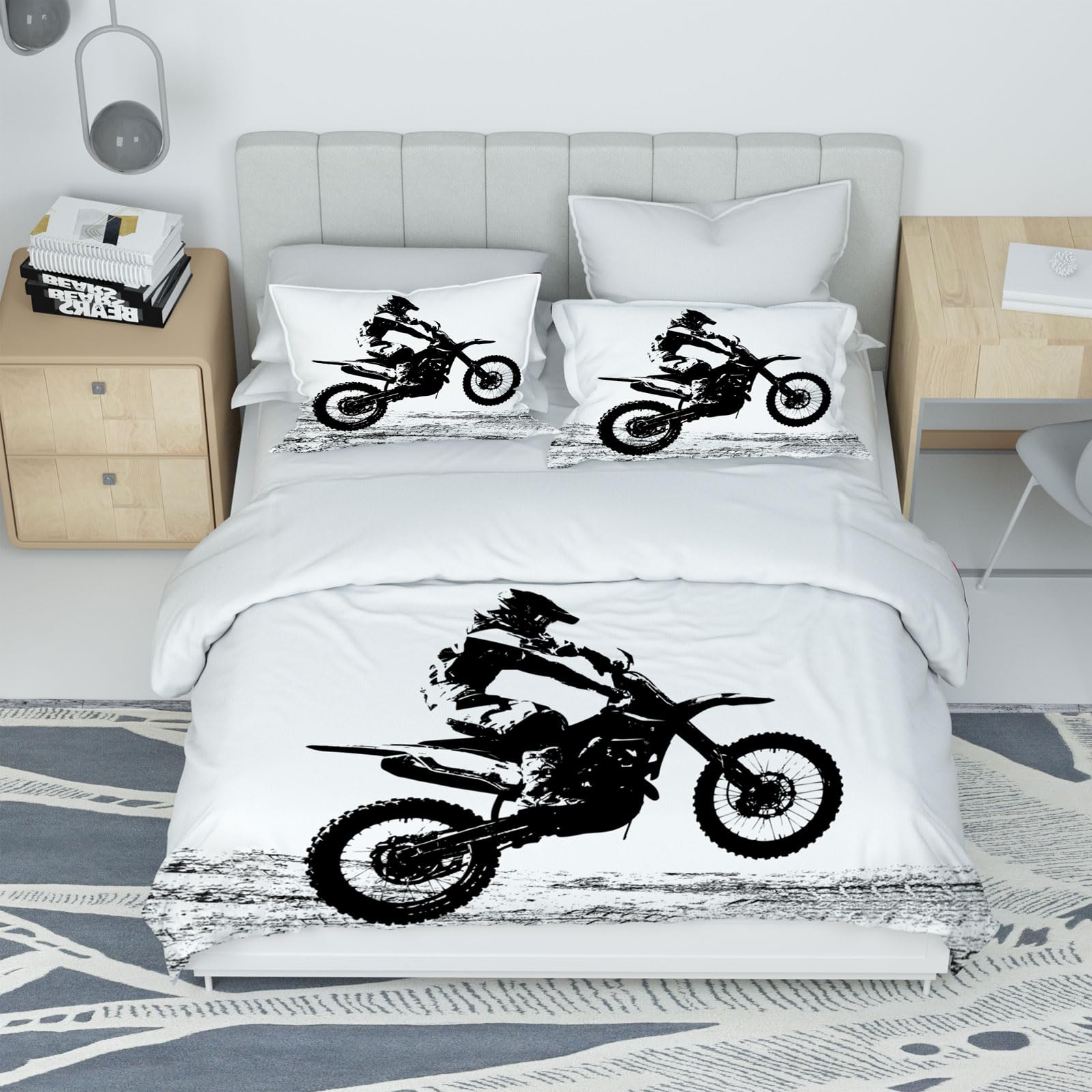Copripiumino Moto 135 x 200 cm,3D Set di Biancheria da Letto a Tema Moto,con 2 federe da 50 x 75 cm, per adulti e bambini (Motocross-b, 135 x 200 cm)