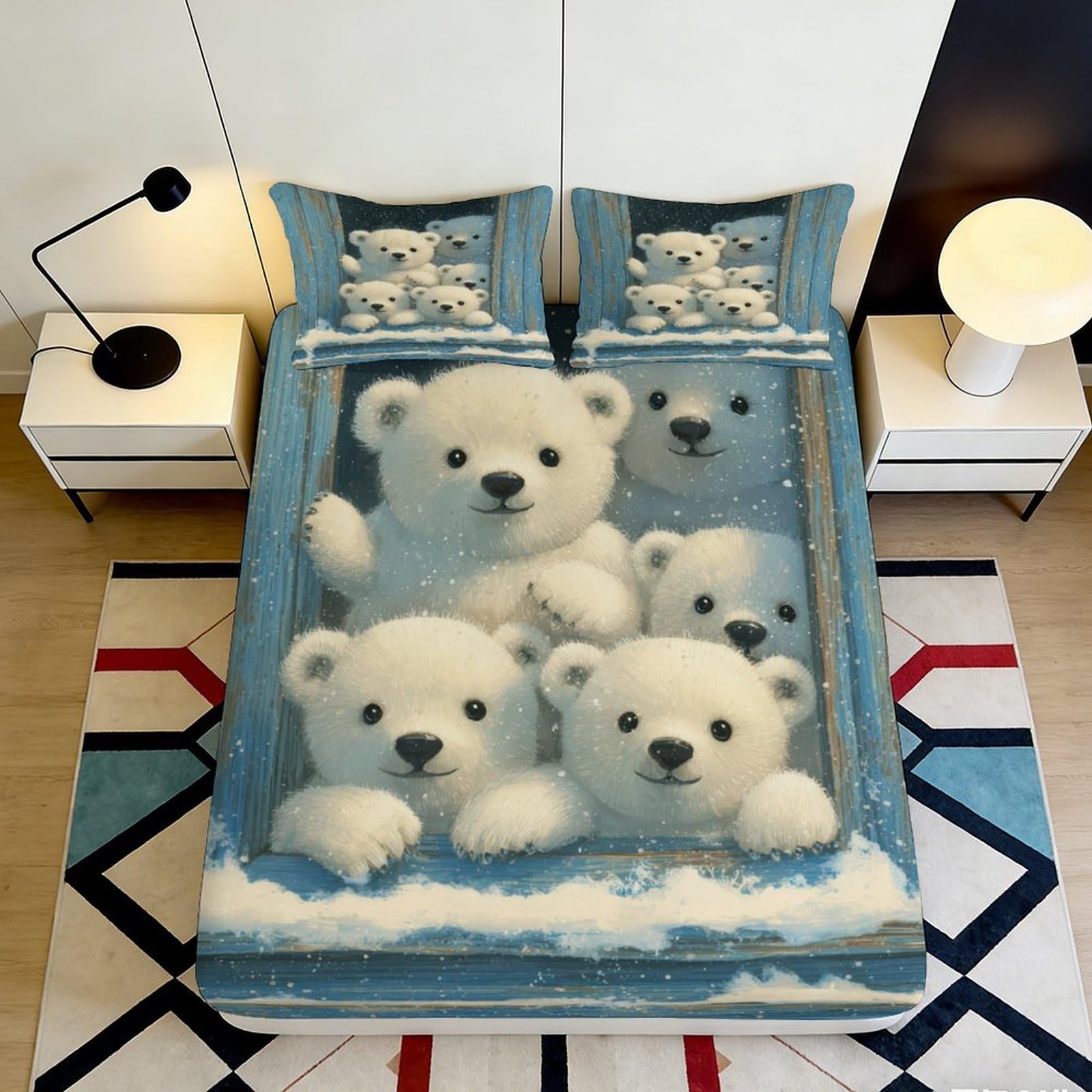3D Printed Polar Bear Fitted Sheet Microfiber Soft Blue White Cartoon Mattress Cover for Bedroom Dorm Decorative Bed Protection 90x200x25cm