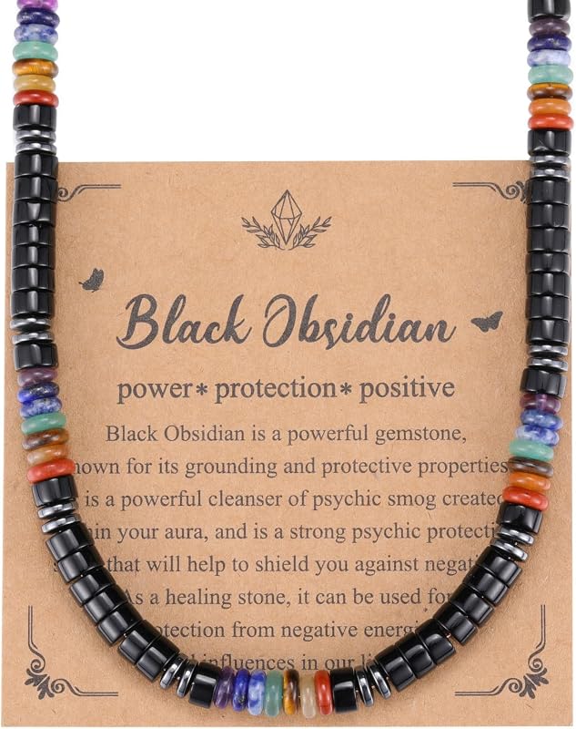 Jovivi Mens Healing Crystal Black Obsidian Tigers Eye 7 Chakra Gemstone Beaded Necklace Natural Stone Beads Necklace Triple Protection Jewelry Gifts for Men Stress Relief,Balance