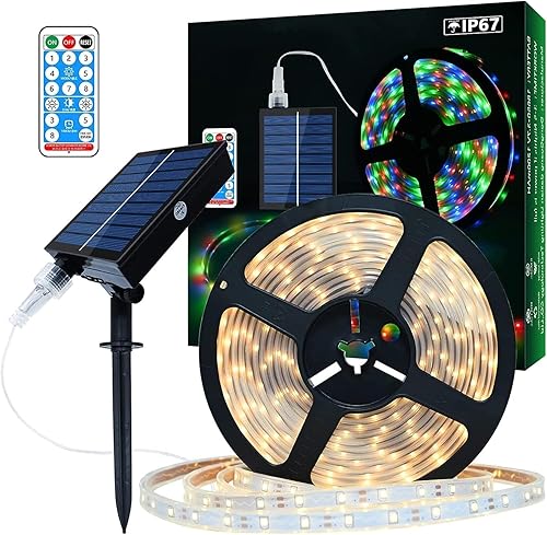 Tira de luces LED solares para exteriores, 16.4 pies, 280 LED IP67, tira LED impermeable, funciona con energía solar, luces LED que cambian de color