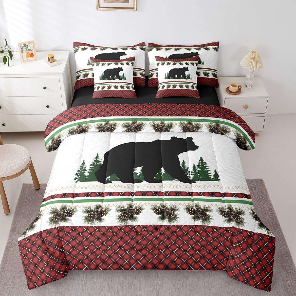 Farmhouse Decor Rustic Grizzly Bear Bed in a Bag King Size Comforter Set 7 Pieces, Red Checkered Buffalo Plaid Bedding Sets Woodland WildlifeComforter and Sheet Set, Pine Trees Pinecone Room Decor