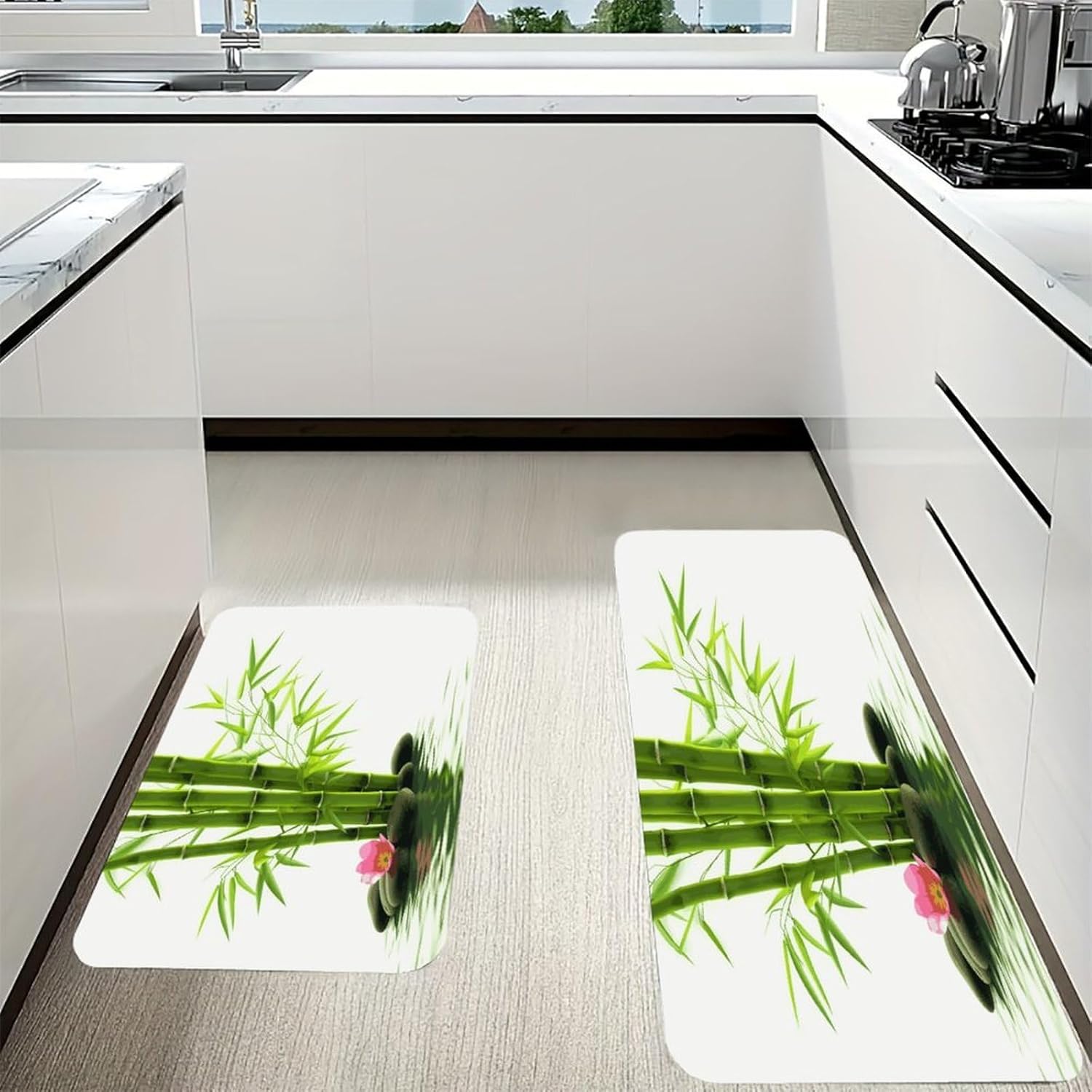 Green Bamboo Lotus Kitchen Mats with 2PCS Non-Slip Washable,Kitchen Rug Heavy Duty Durable, Floor Mats for Kitchen,Office,Sink,Laundry