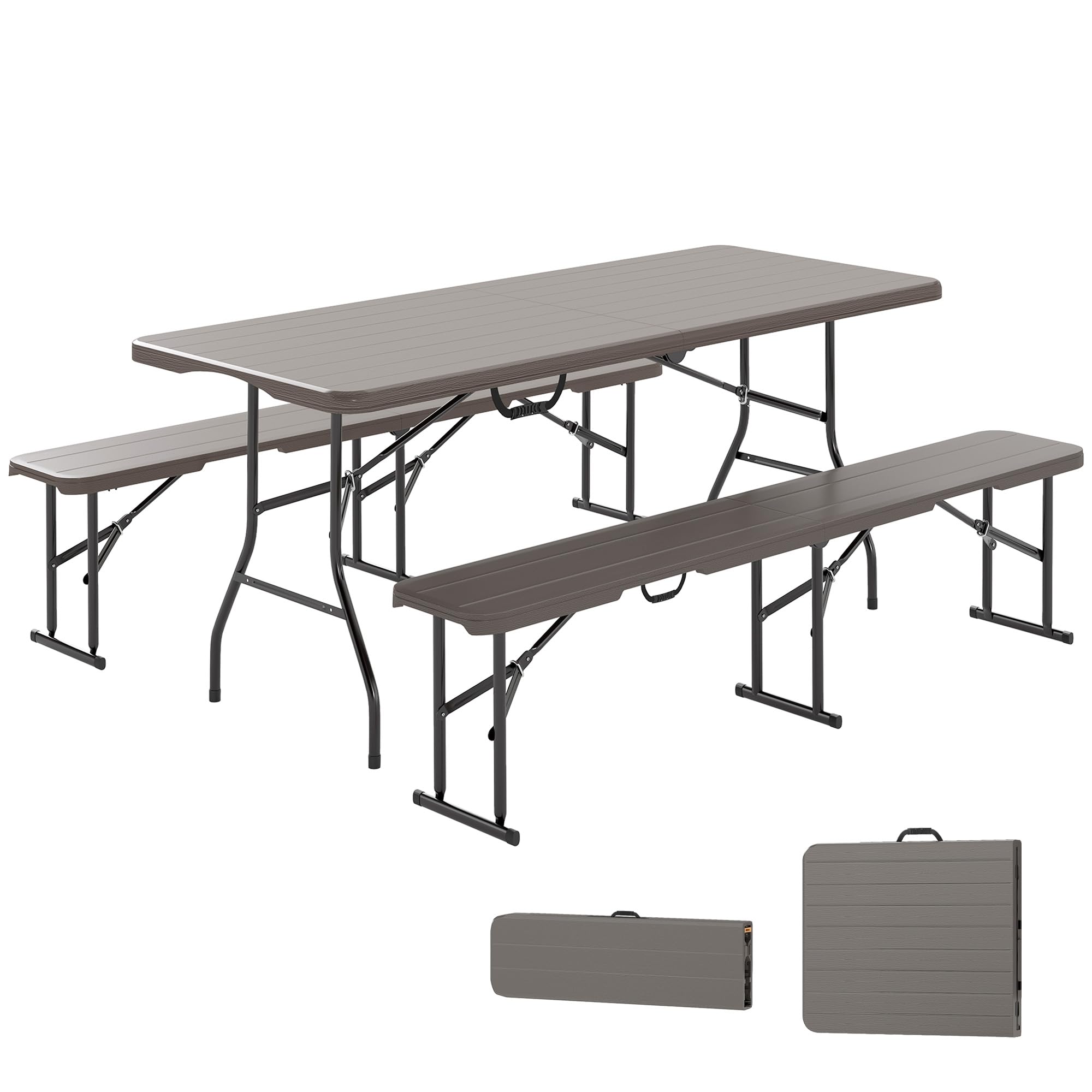 Outsunny Conjunto de Camping Plegable de 3 Piezas Mesa Plegable Camping con Bancos Incluye 1 Mesa 180x74x74 cm y 2 Bancos Efecto Madera Impermeable para Acampadas Jardín Pícnic Marrón