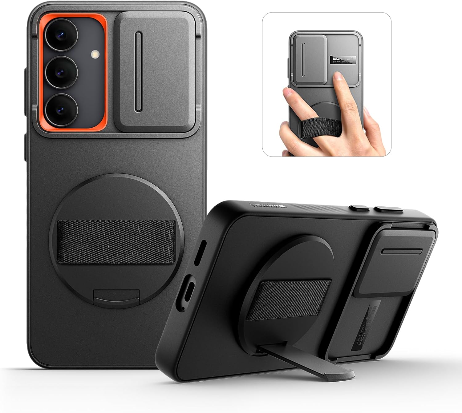 SURITCH for Samsung Galaxy S25 FE Case with 360° Rotatable Hand Strap Phone Grip & Invisible Kickstand & Slide Camera Cover, Rugged Shockproof Protective Cover for S25 FE -Black