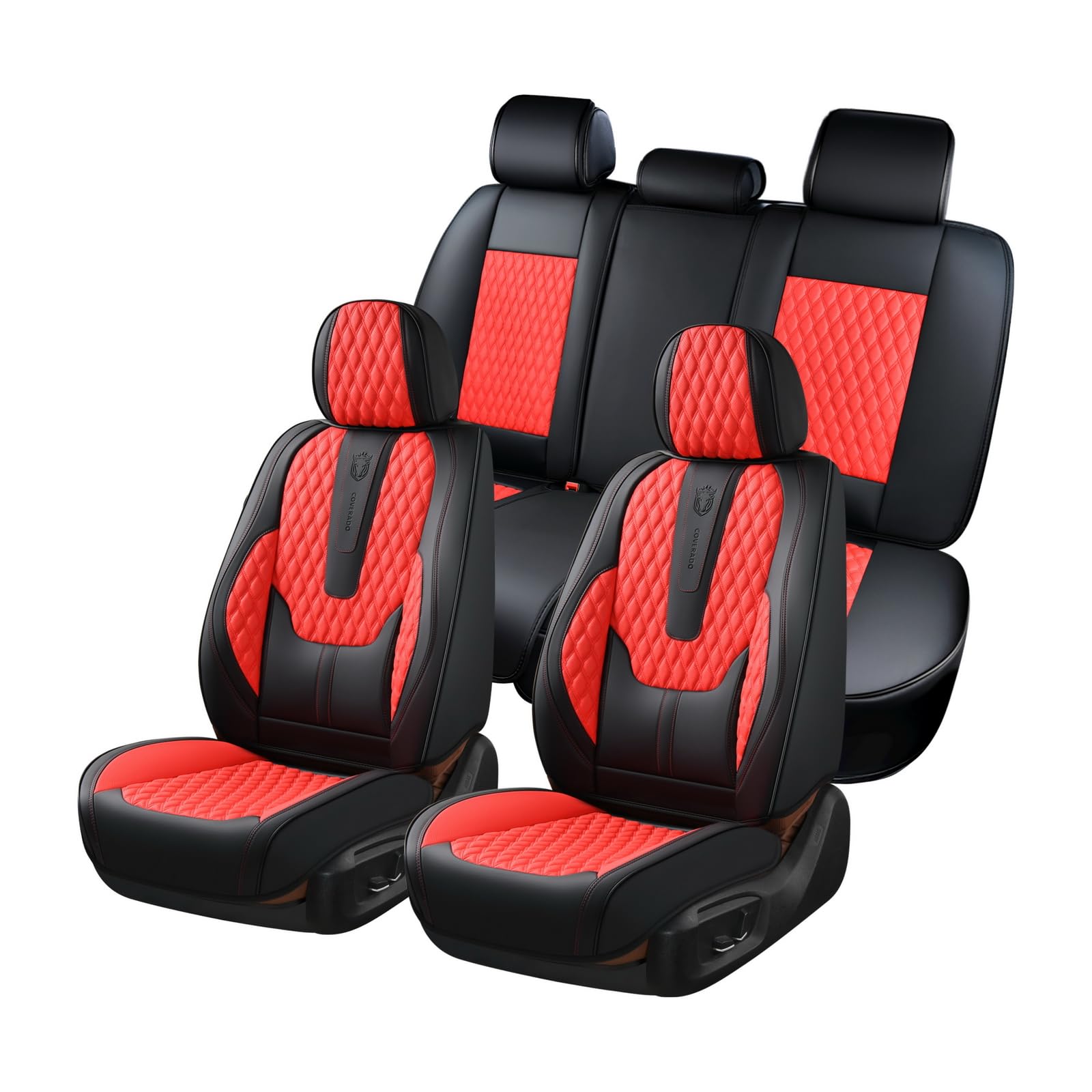 Coverado Car Seat Covers Full Set, 5 Seat Leather Seat Covers for Cars, Car Seat Protector with Lumbar Support, Waterproof Seat Covers Universal Fit for Most Cars SUV Trucks (Red&Black)