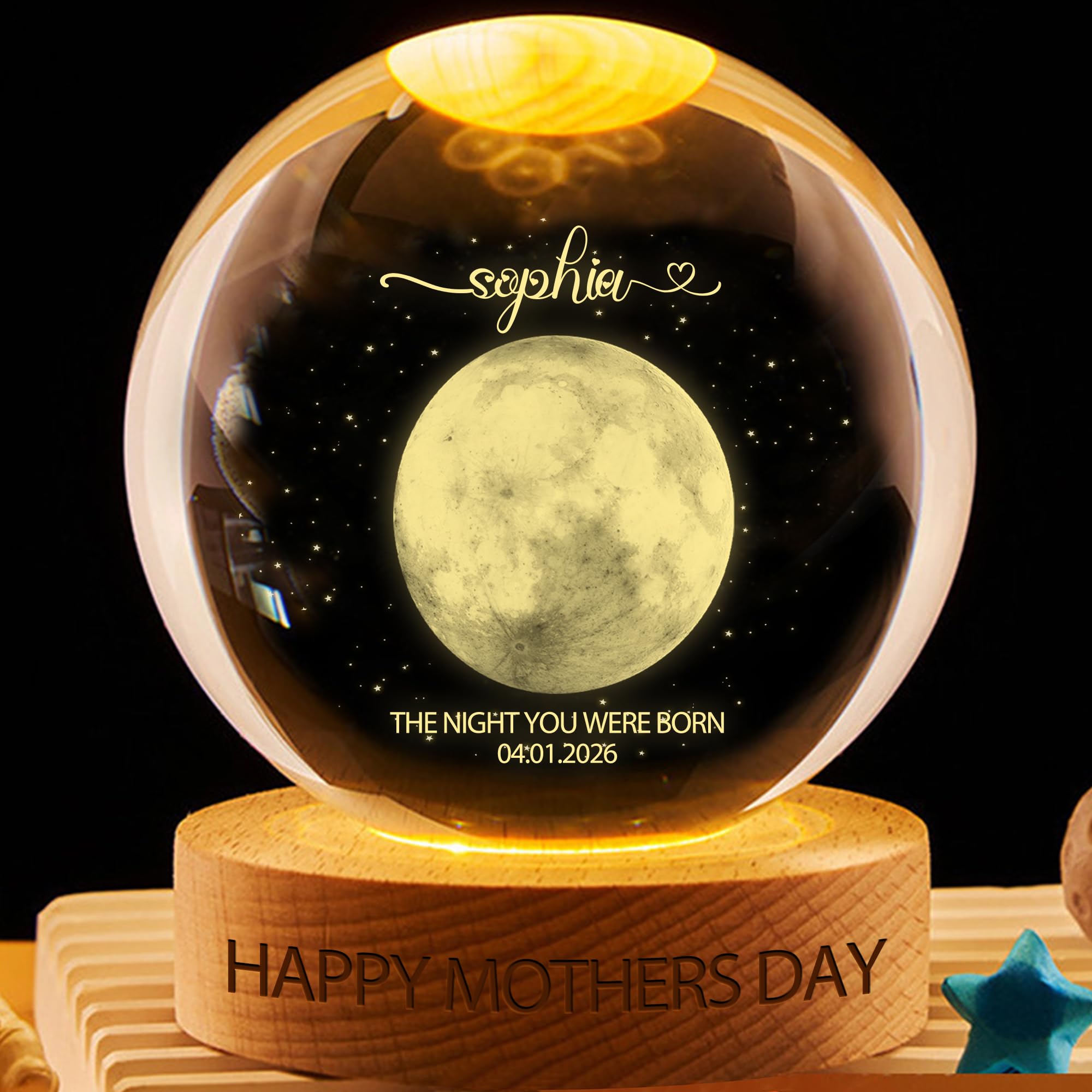 ASD Jewerly The Day You Becom My Mom, Personalized Mother's Day Family Moon Phase Crystal Ball Globe Night Light,Custom Birth Luna Picture Moon Phases Crystal Ball Lamp Gifts for Mom Mama