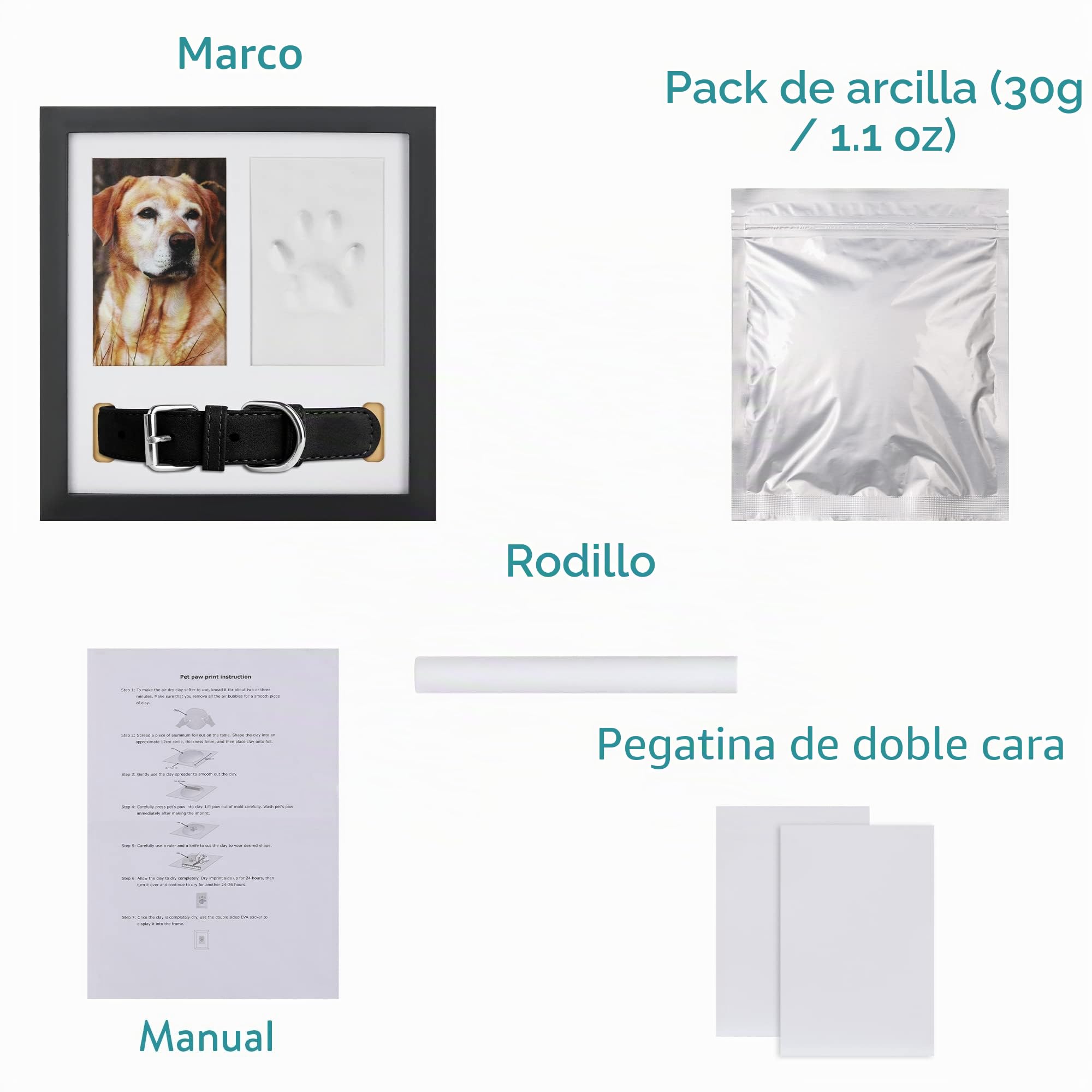 Navaris Marco de Foto 3 en 1 - Kit de Impresión de Huella en Arcilla para Perro con Espacio para Fotografía y Collar - Recuerdo de Mascotas