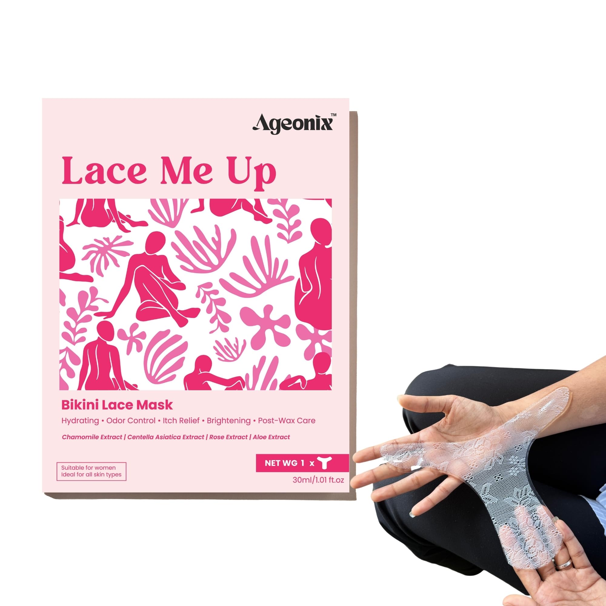 Ageonix Lace Me Up Bikini Mask Intimate Sheet for Bikini Area, Hydrating Post-Wax Feminine Care with Aloe Vera (Pack of 1)