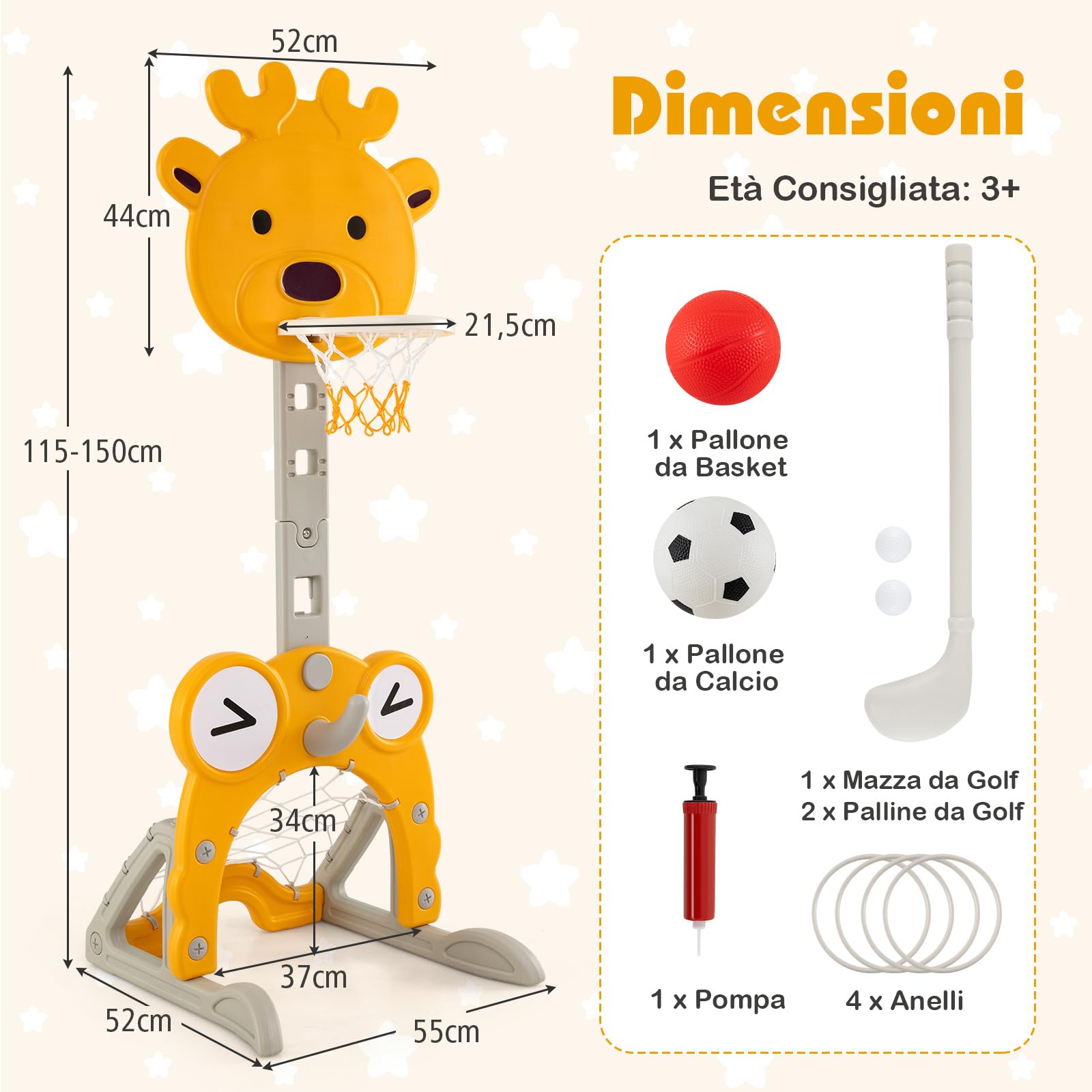 COSTWAY 4 in 1 Canestro da Basket per Bambini, Centro Attività con Cerchio, Porta Calcio, Lancio ad Anelli, Golf, Canestro Regolabile, per Bambini 3+ Anni (Cervo)