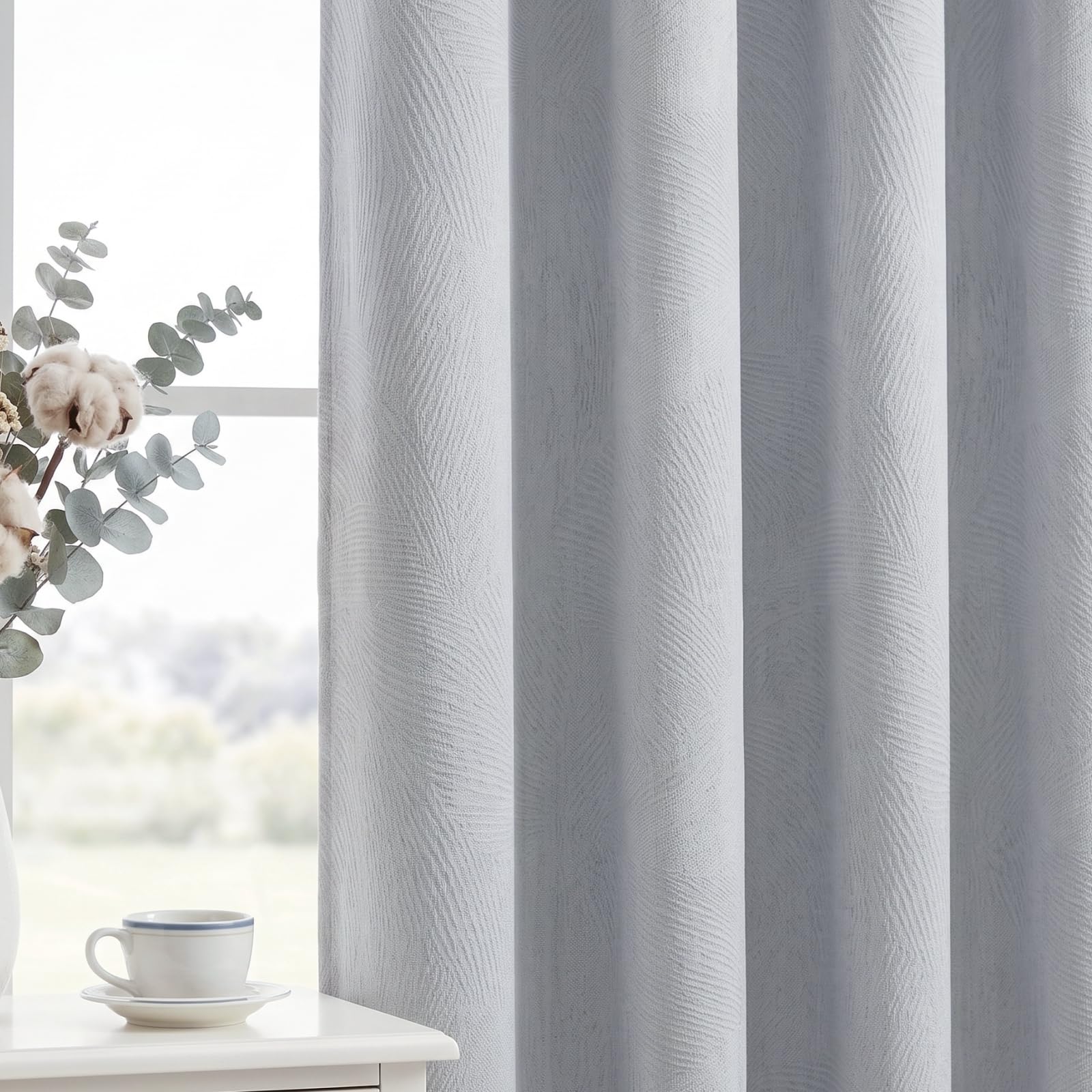 Gazal Vole Light Grey Curtains with 3D Leaf Embossed - Modern Eyelet Curtains for Living Room, 63 inch Drop, 85-95% Room Darkening, Thermal Insulated Temp Balance, 2 Panels for Bedroom & Office