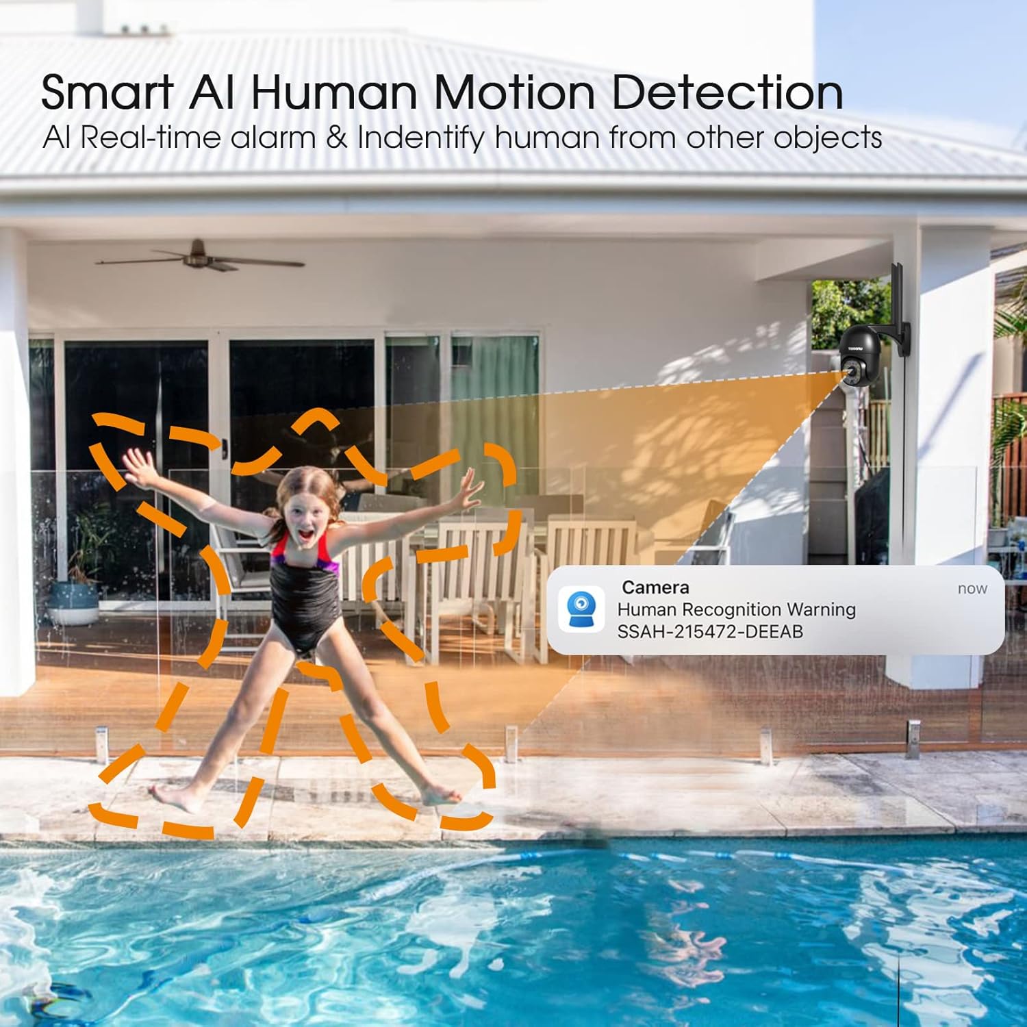 Security camera detecting a human figure near a pool