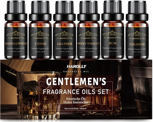 Essential Oils Set, Men Scents Fragrance Oil Aromatherapy Essential Oils Kit for Diffuser (6x10ML) - Sandalwood, Cedar, Leather, Sweet Tobacco, Rum, Cologne Aromatherapy Oils Gift for Men