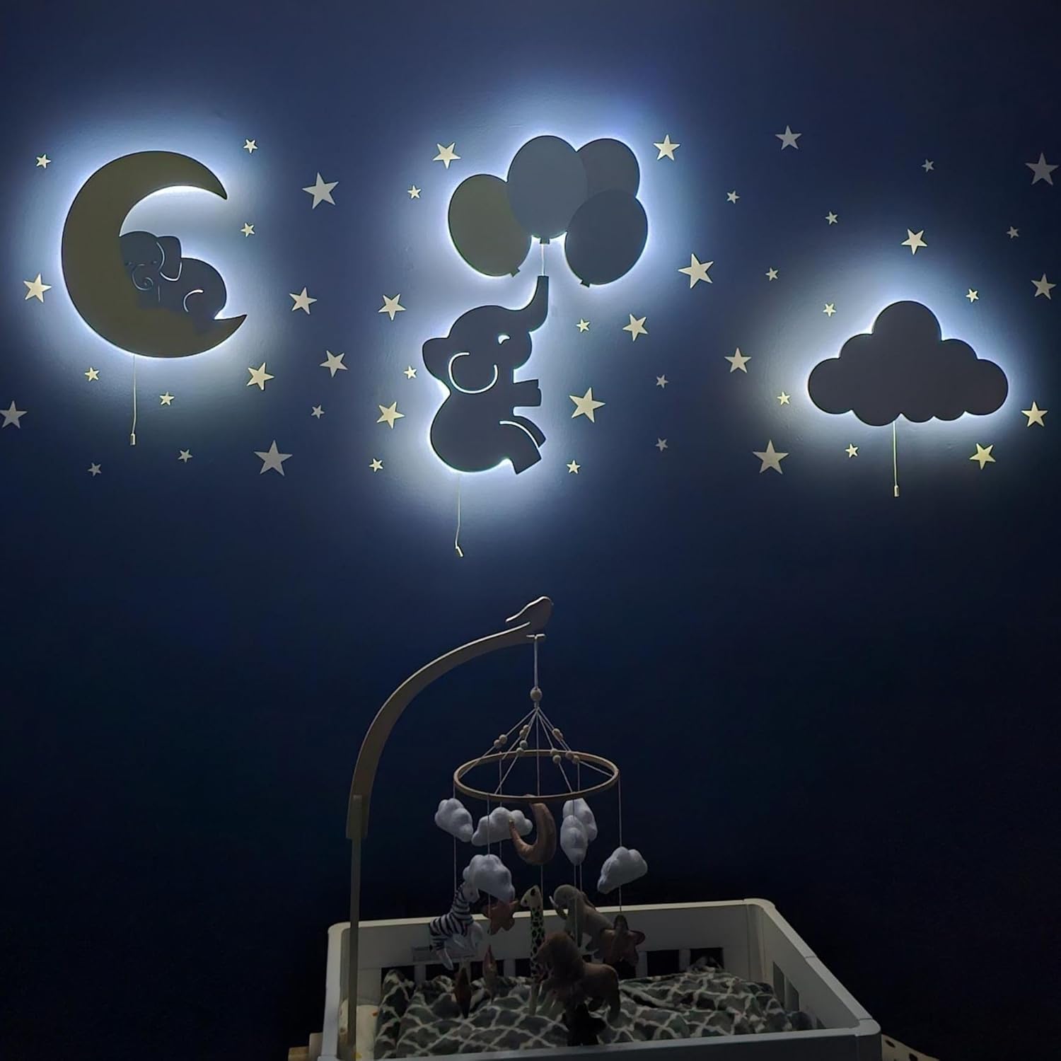 Nursery Lamp Set of 4 Moon, Cloud, Elephant, and Balloon, Baby Room Sign Wall Night Light Cloud Shape Gift Baby Montessori Bedroom Lamp Decor (Boys, Blue)