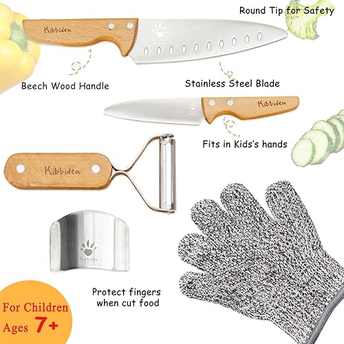 Miniatura 2 de Kibbidea Juego de cuchillos para niños para cocina real, 4 piezas, juego de cuchillos de cocina de acero inoxidable para niños con mango de madera,