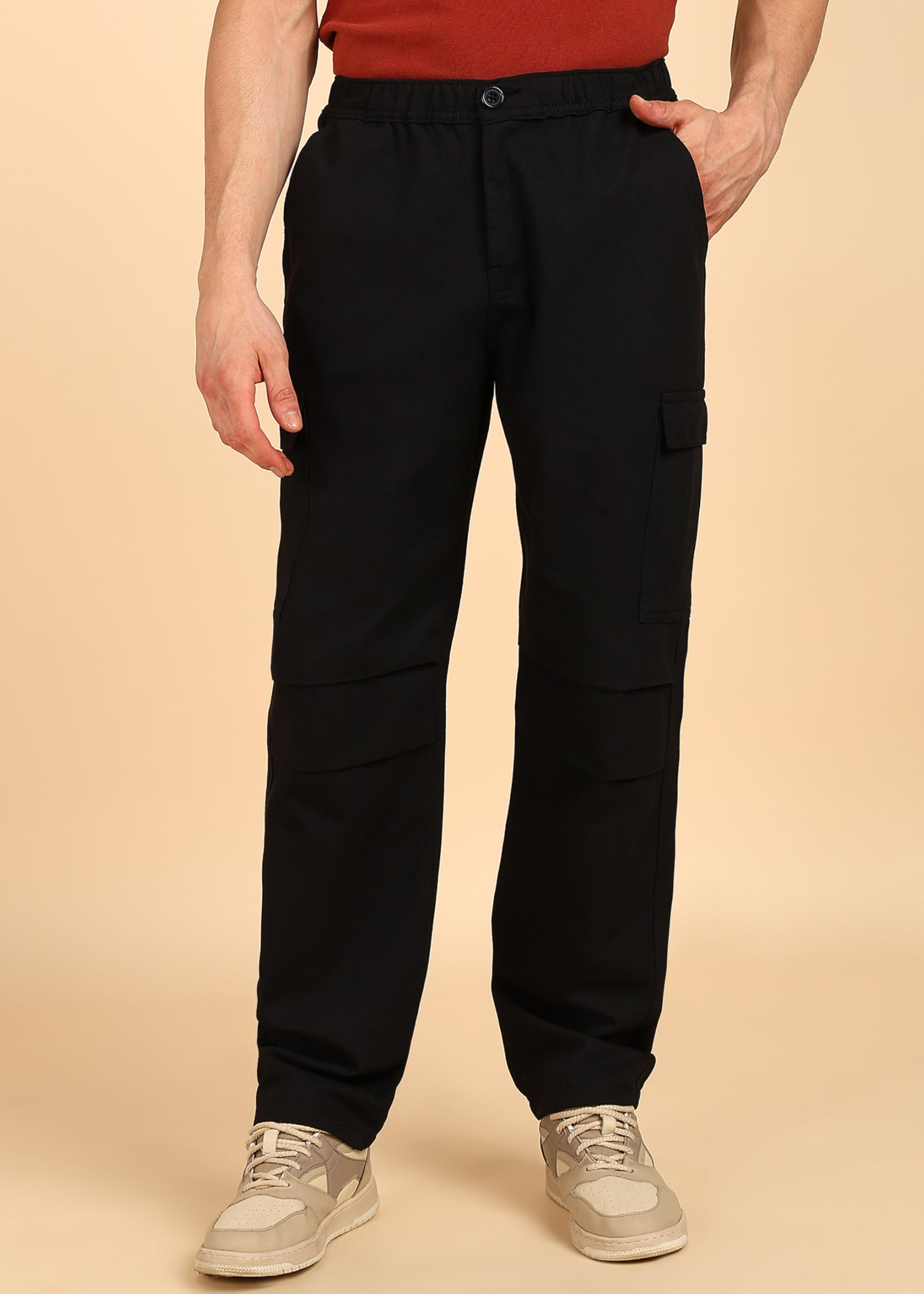 montrez Men Comfortable Loose Fit Mid-Rise Cargos Trousers (Black)-picture-19