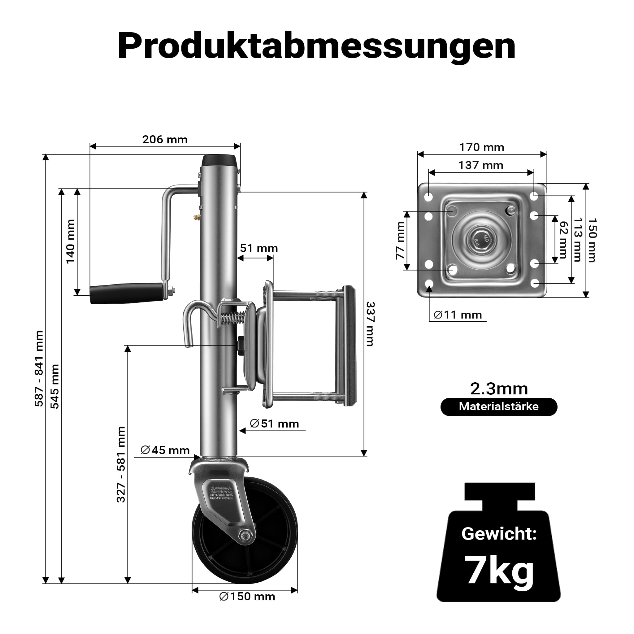 Wiltec Podpórka do przyczepy do 450 kg z wysokością podnoszenia 254 mm, podpórka wykonana ze stali ocynkowanej