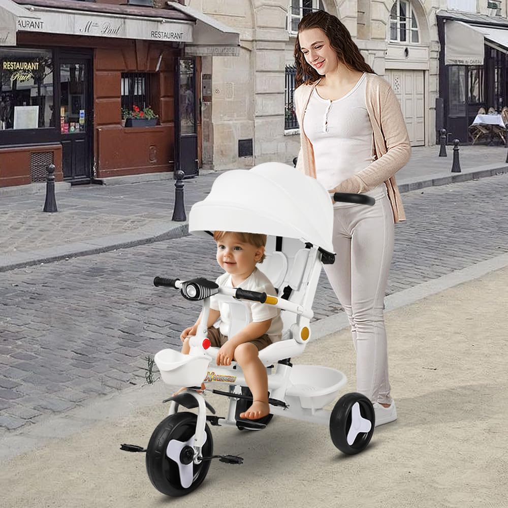 Triciclo Evolutivo per Bambini, Triciclo 5 in 1 - Luci e musica, Seggiolino avvolgente, Seggiolino e inclinazione, Passeggino a 4 ruote, Protezioni rimovibili, Portabicchiere, Bianco