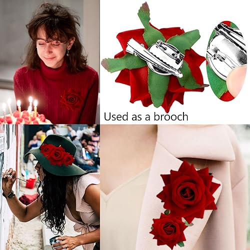 Miniatura 3 de 6 pinzas para el pelo de rosas rojas para mujeres y niñas, broches de flores, broches florales, pinzas de tela con rosas para el cabello, accesorios