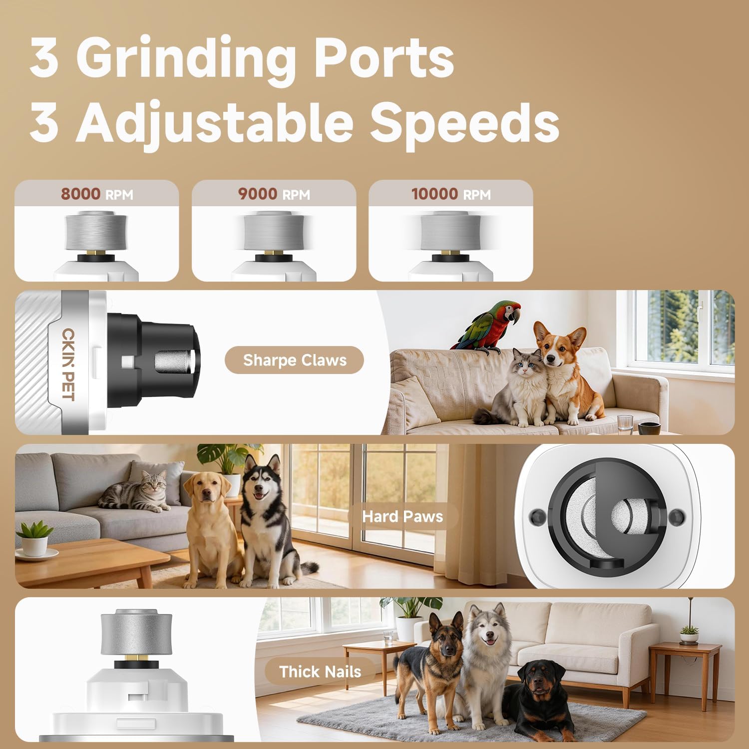 Nail Grinder, Silent 3-Speed Dog Nail Trimmer with 2 LED Lights Safe & Painless Dog Nail Grinder for Nail Grooming Rechargeable Nail Trimmer for Small Medium Large Dogs Cats Rabbits Claw Care