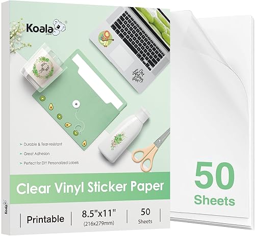 Koala - Papel adhesivo transparente para impresora de inyección de tinta, papel adhesivo de vinilo transparente impermeable para imprimir  8.5 x 11