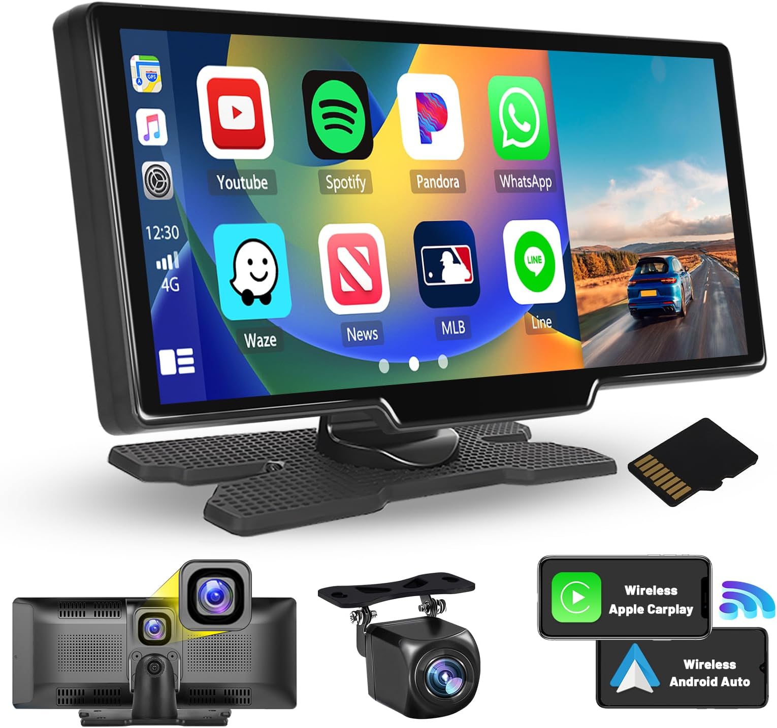 10.26 Inch Wireless Apple Carplay Android Auto Portable Car Stereo, 2.5K Dash Cam IPS Touchscreen, Android Auto Car Play Screen for Car 1080P Backup Camera 64G TF Card, Loop Recording. Mirror Link