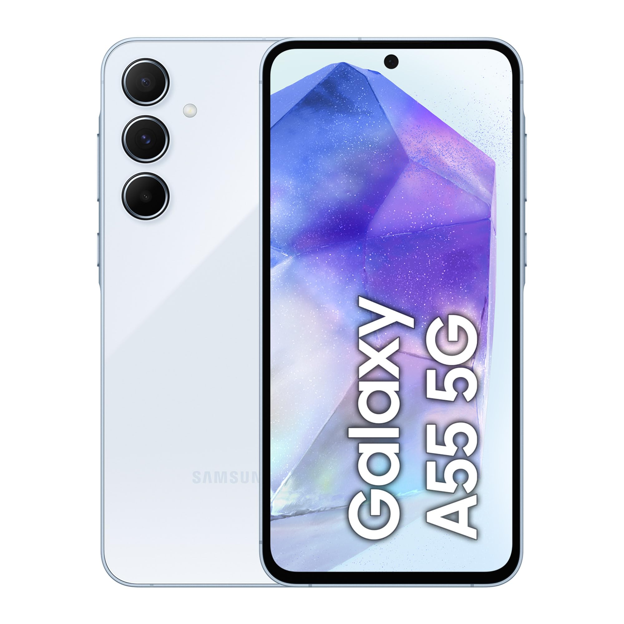 Samsung Smartfon Galaxy A55 5G, telefon komórkowy z systemem Android bez umowy, 128 GB – 8 GB RAM, 2 dni pracy baterii, aparat 50 MP, Awesome Iceblue, 2,5 lat producenta