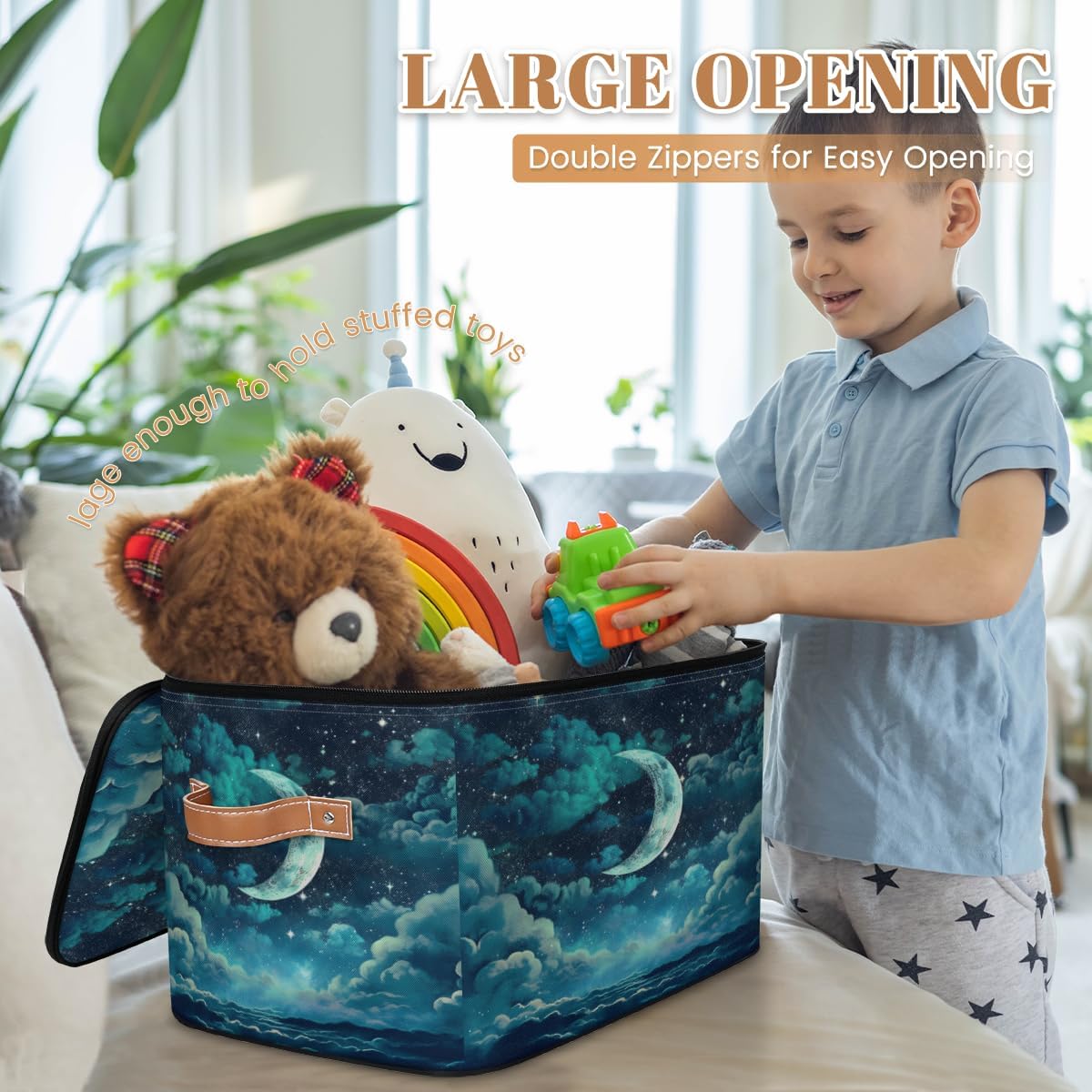 Storage Bin Set of 2 Moon Star Sky Storage Basket with Zipper Lid & Handle Foldable Closet Shelf 2 Pack Cloth Organizer Basket Cube Bins Clothes Organizer for Bedroom, Nursery