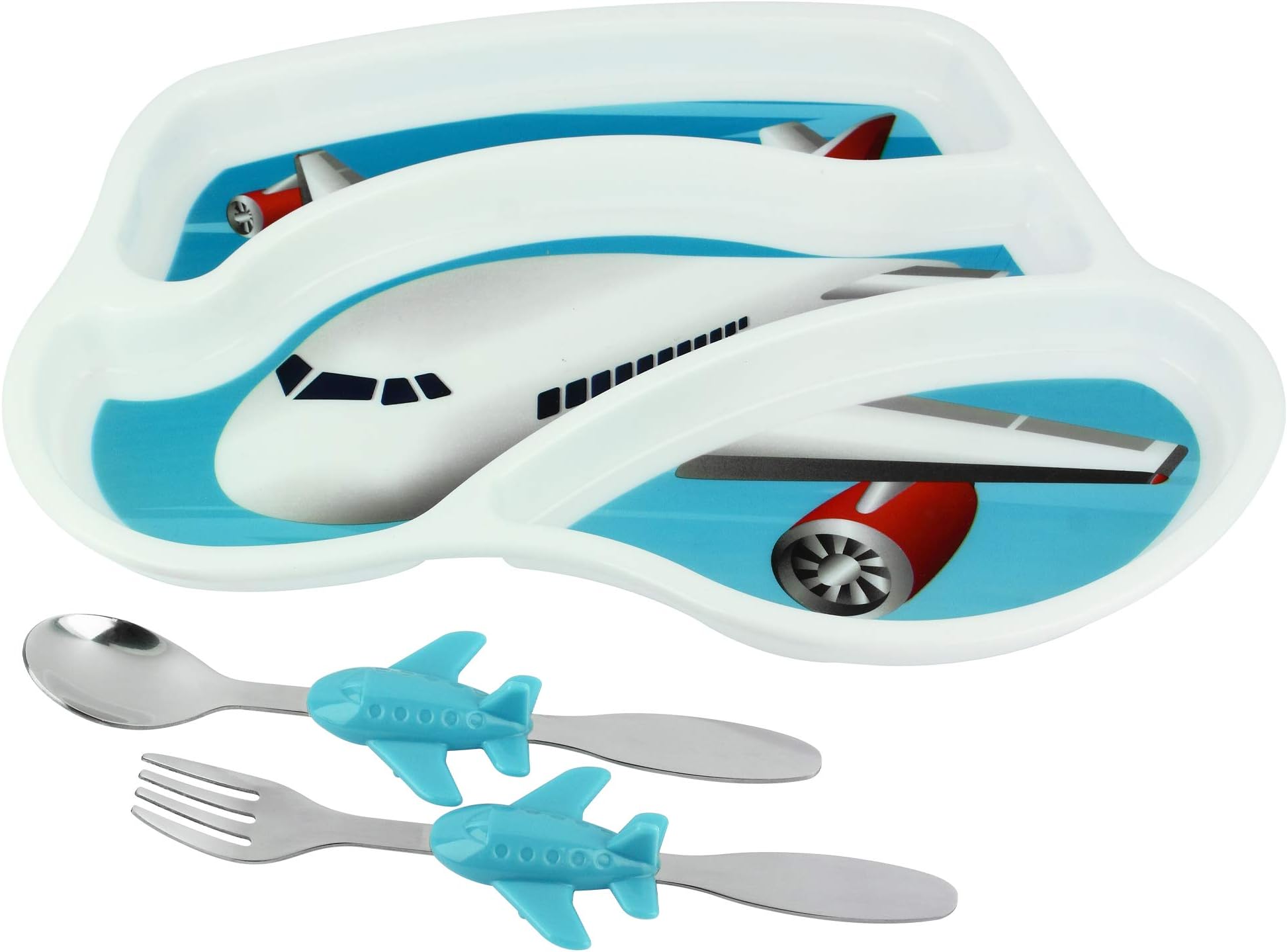 KidsFunwares Airplane Me Time Meal Set, Portion Control Divided Plate with Fork and Spoon for Kids