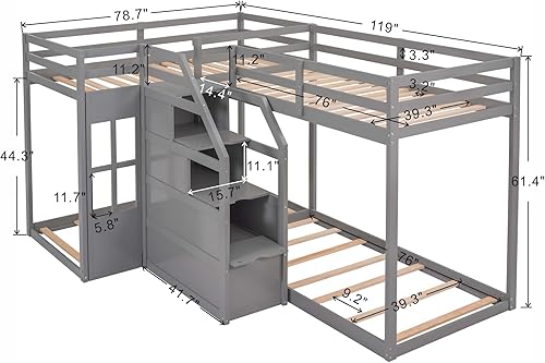Miniatura 2 de Litera en forma de L para 4 personas escalera individual sobre cama individual con escalera de almacenamiento para niños adolescentes y adultos