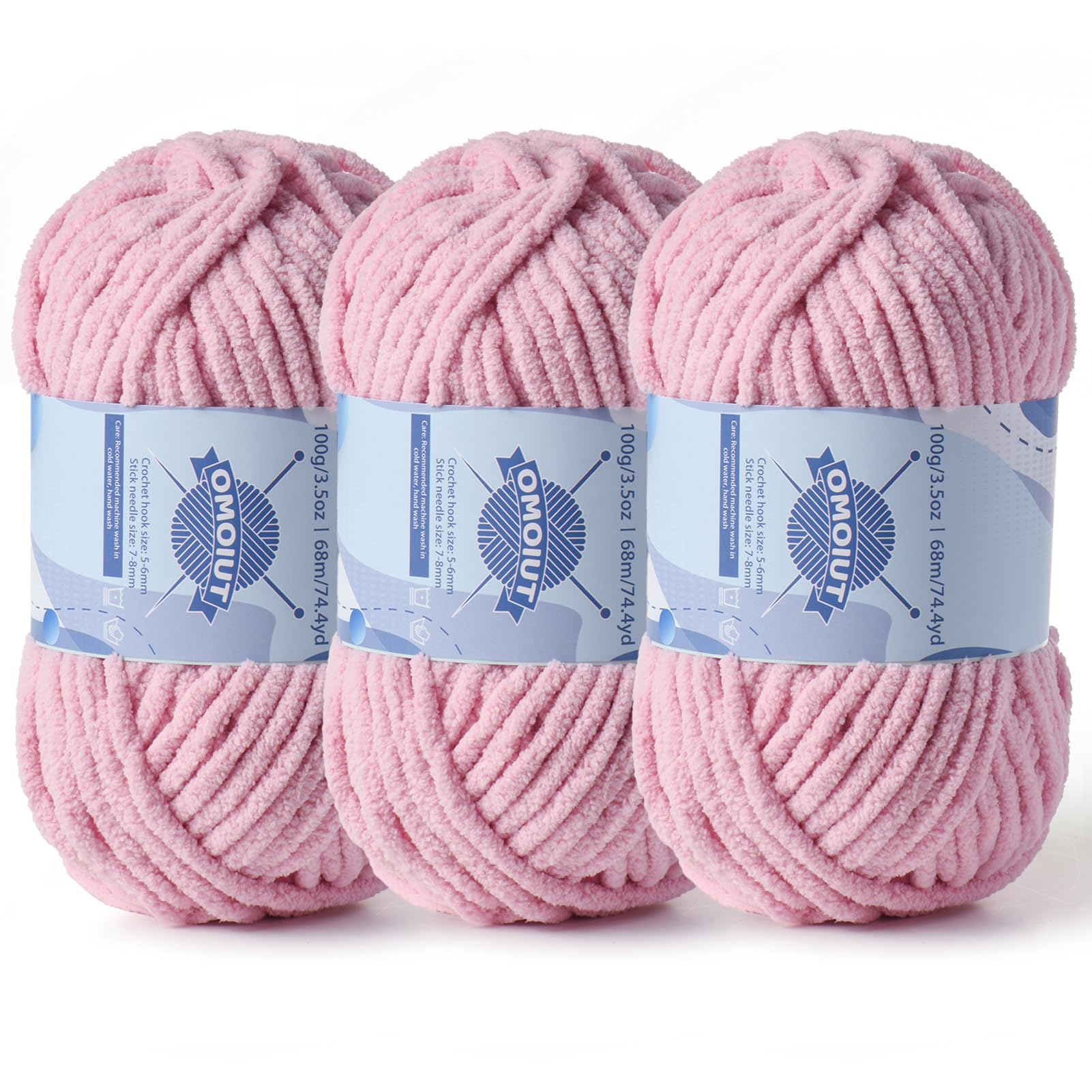 3 Pack Chunky Chenille Yarn for Crocheting, Baby Yarn for Crocheting Soft Blankets, Bulky Yarns for Crochet Amigurumi, 300g (223yds) Fluffy Velvet Yarns for Hand Knitting (3 Pale Pink)