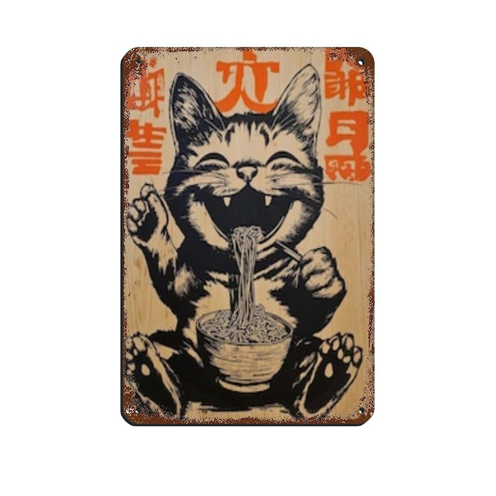 Japanese Ramen Cat Poster Tin Sign Vintage Metal Pub Club Cafe Bar Home Wall Art Decoration Poster Retro 8x12inch(20x30cm)