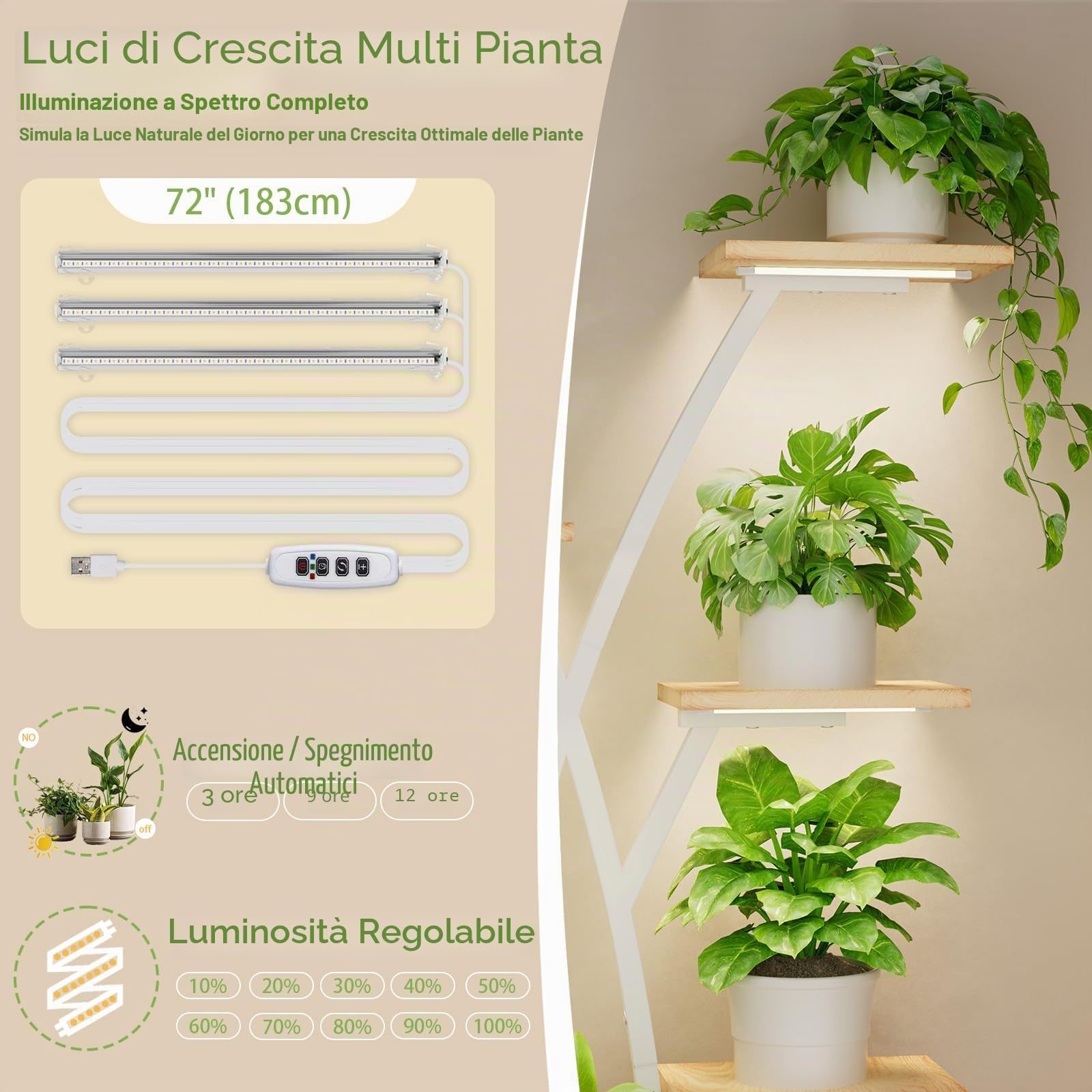 BACEKOLL Supporto per piante con luce di crescita, 7 livelli, 105 cm, in metallo e legno, per interni ed esterni, per interni, giardino, balcone (bianco)
