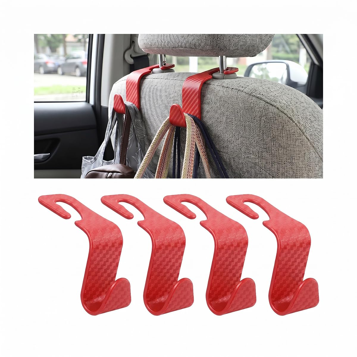4 Pack Headrest Hooks for Vehicle Seats, Carbon Fiber/Red