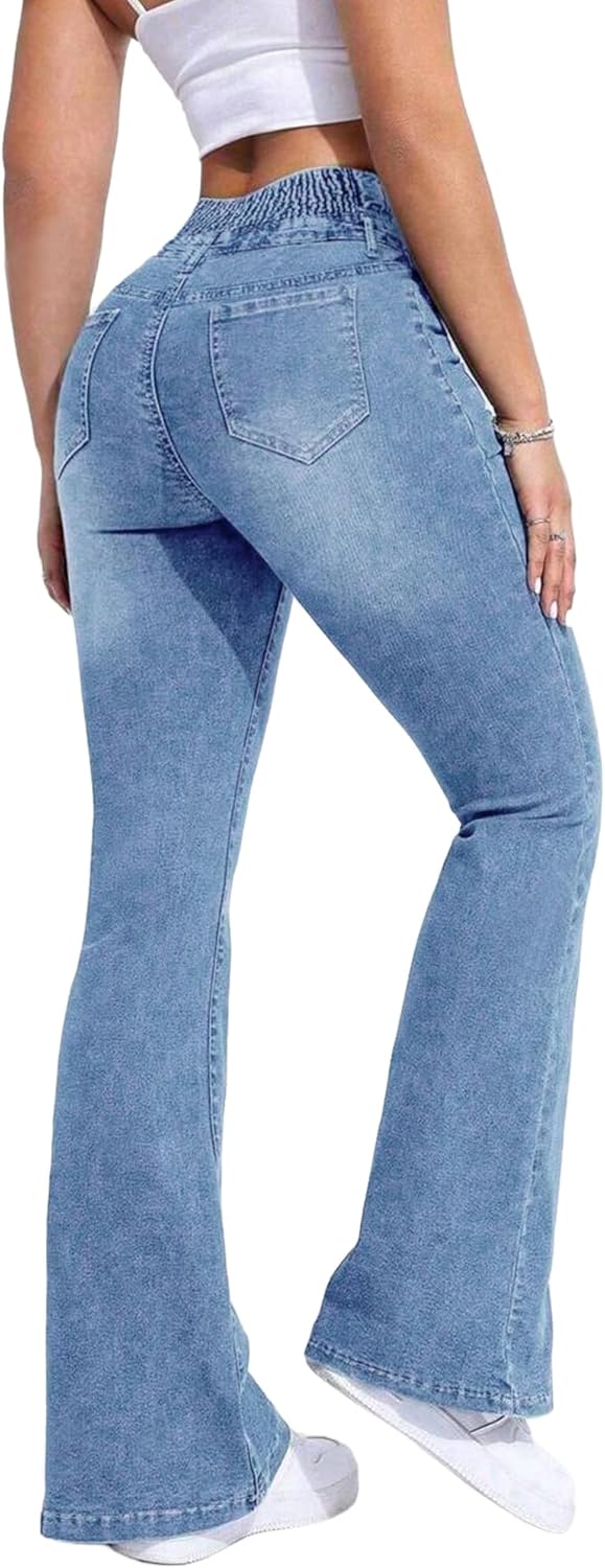 High Waisted Flare Jeans for Women Stretch Bell Bottom Jeans 4-Button Tummy Vintage Slim Denim Pants - Image 5