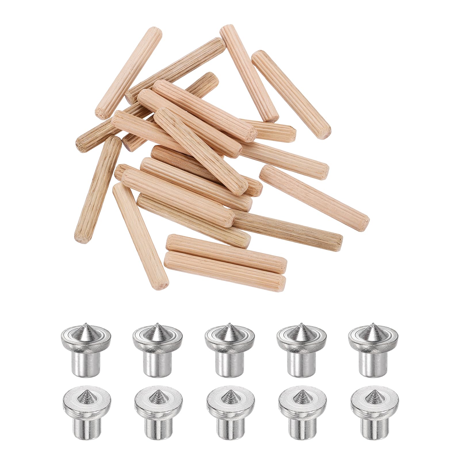 sourcing map 250Pcs Wood Dowel Pins, 6 x 40 mm Wooden Dowel Rods Straight Grooved Pins with 10Pcs Solid Hollow Dowels Tenon Center Transfer Plugs for Furniture Woodworking DIY Project