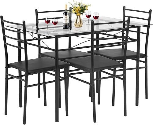 FDW Juego de mesa de comedor clásica de 5 piezas, mesa superior de vidrio con marco de metal y 4 sillas modernas rectangulares, juego de mesa de