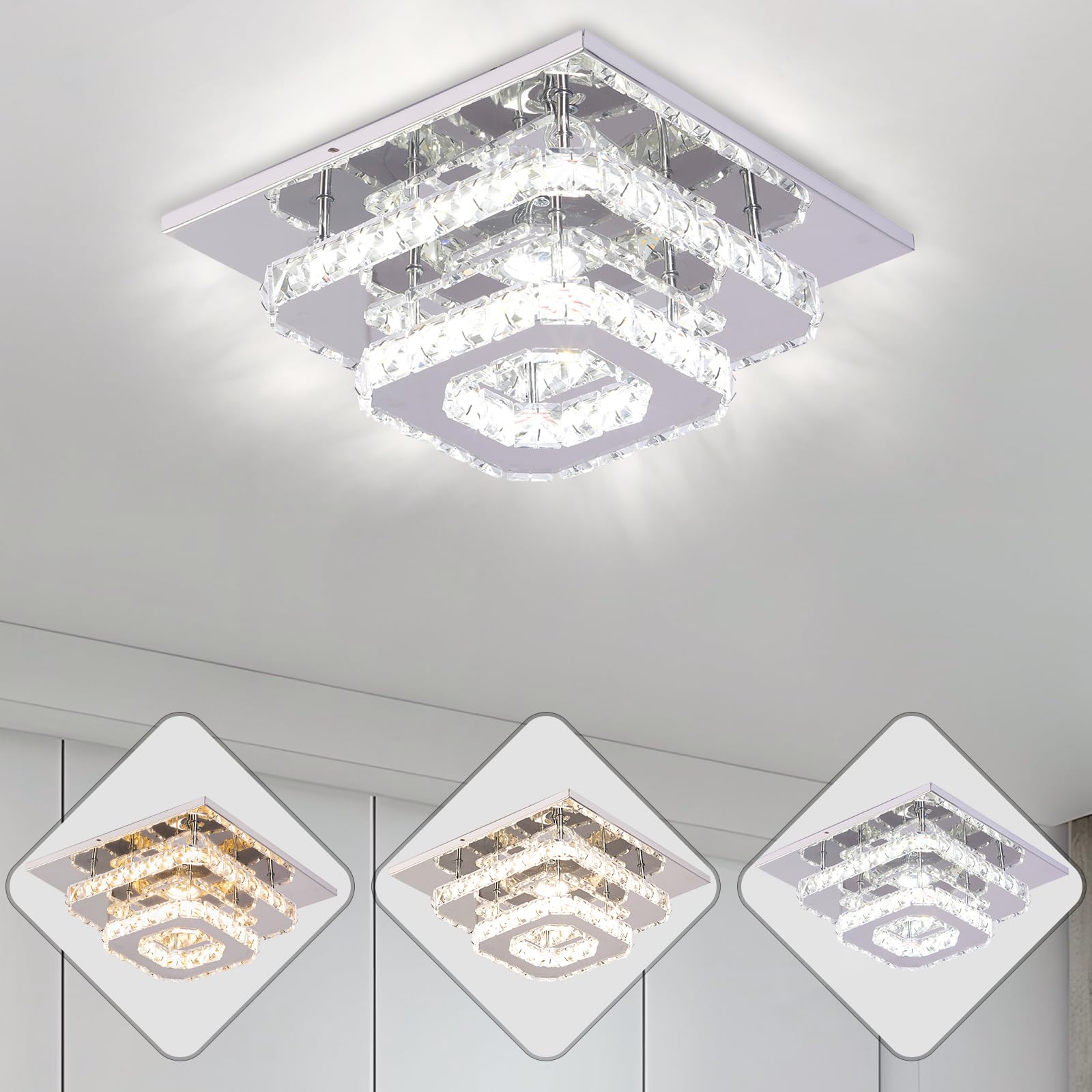 YPQXYHDA Modern Square Crystal LED Ceiling Light Flush Mount Chandelier K9 Crystal & Stainless Steel Lights Fixture for Living Room, Bedroom, Kitchen & Hallway Multicolour