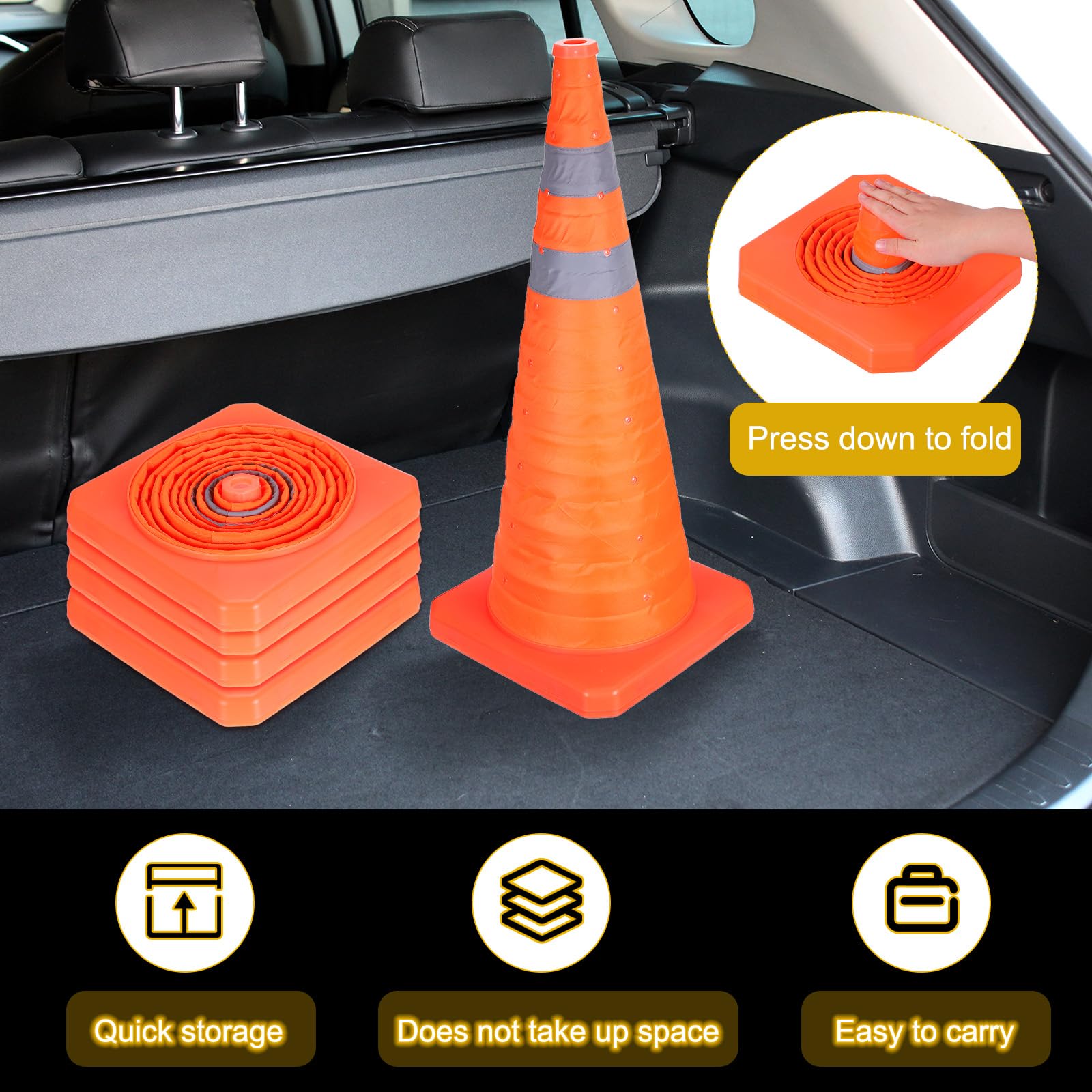 PATIKIL Pack De 2 Conos De Tráfico Plegables De 28", Conos De Seguridad Naranjas con Collar Reflectante, Conos De Precaución para Estacionamiento, Práctica De Manejo