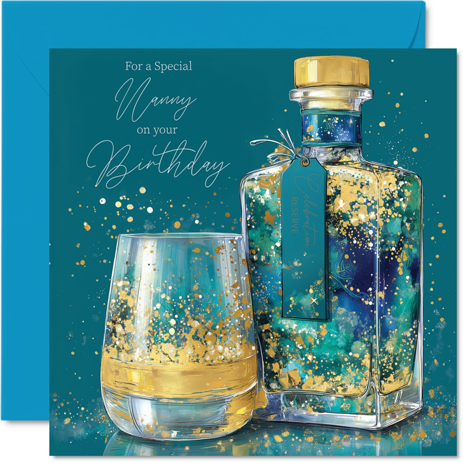 Gold Nanny Birthday Card - Gold Bottle - Happy Birthday Card for Nanny from Grandson Granddaughter, 145mm Golden Bottle Bday Greeting Cards
