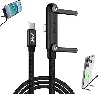 2-in-1 Invisible Stand Fast Charging Cable 240W Type-C Braided Fast Charging Cable Built-in Phone Stand 2 in 1 Phone Holder Cable for Suitable for Gaming Office and Travel Black