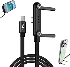 2-in-1 Invisible Stand Fast Charging Cable 240W Type-C Braided Fast Charging Cable Built-in Phone Stand 2 in 1 Phone Holder Cable for Suitable for Gaming Office and Travel Black