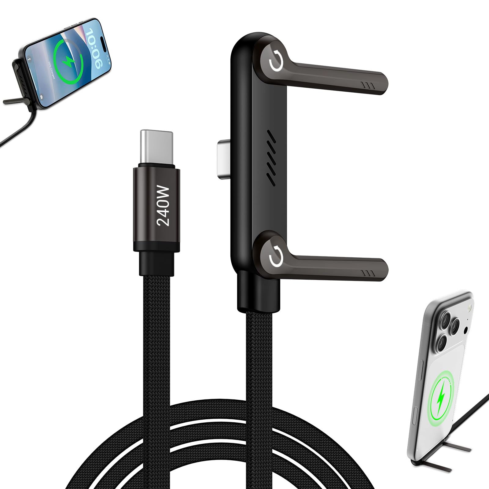 Konstreet 2-in-1 Invisible Stand Fast Charging Cable 240W Type-C Braided Fast Charging Cable Built-in Phone Stand 2 in 1 Phone Holder Cable for Suitable for Gaming Office and Travel Black 2Pack — view 8
