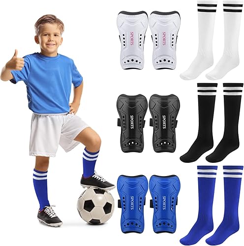 Espinilleras de fútbol juvenil, 3 pares de espinilleras de fútbol para niños, resistentes a los impactos, + 3 pares de calcetines largos de fútbol,