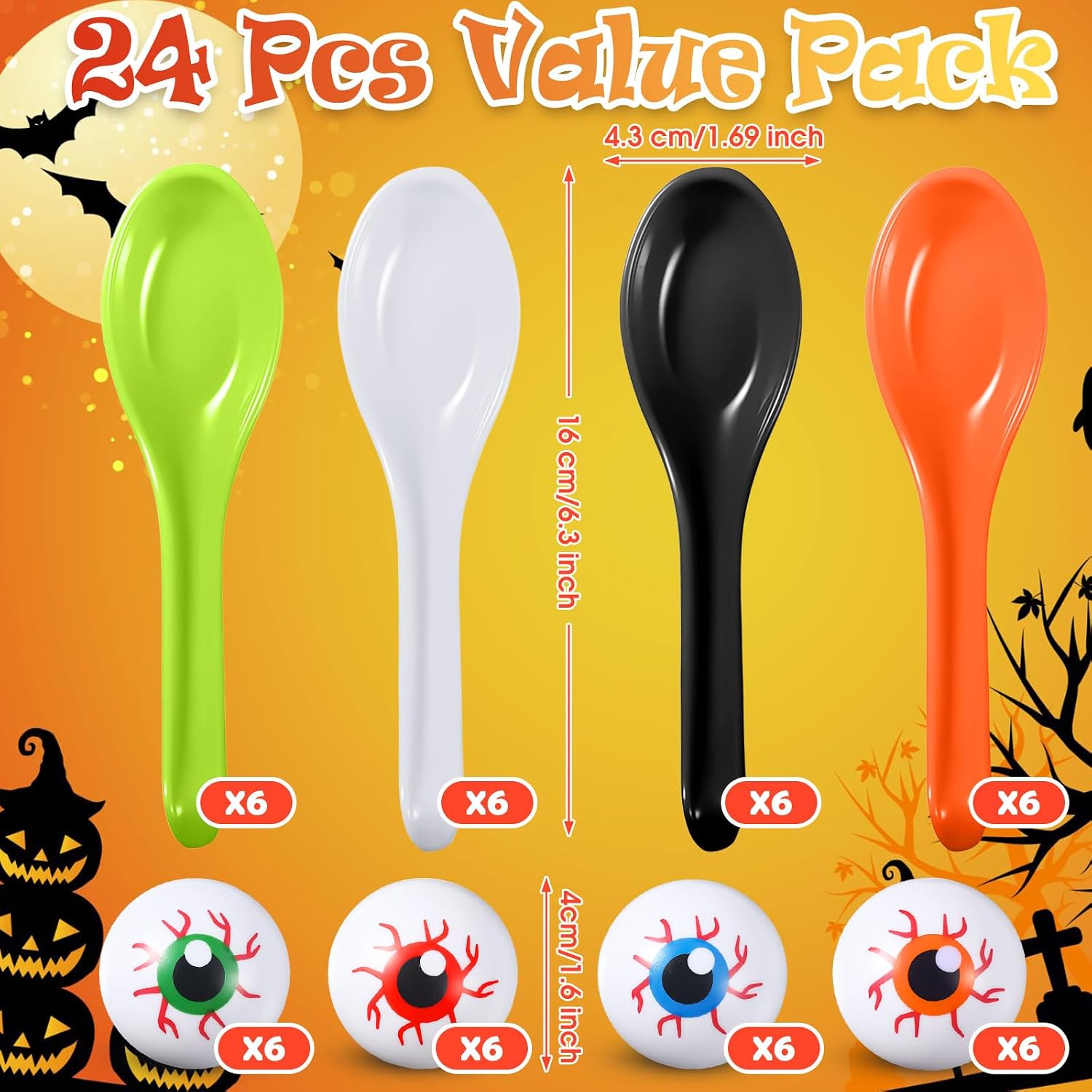 Liliful 48 Pcs Halloween Egg and Spoon Race Game Set Eyeball Spoon Race Game for Halloween Outdoor Fun Games Party Favor Supplies Indoor Activities(Blue, Orange, Red, Green)