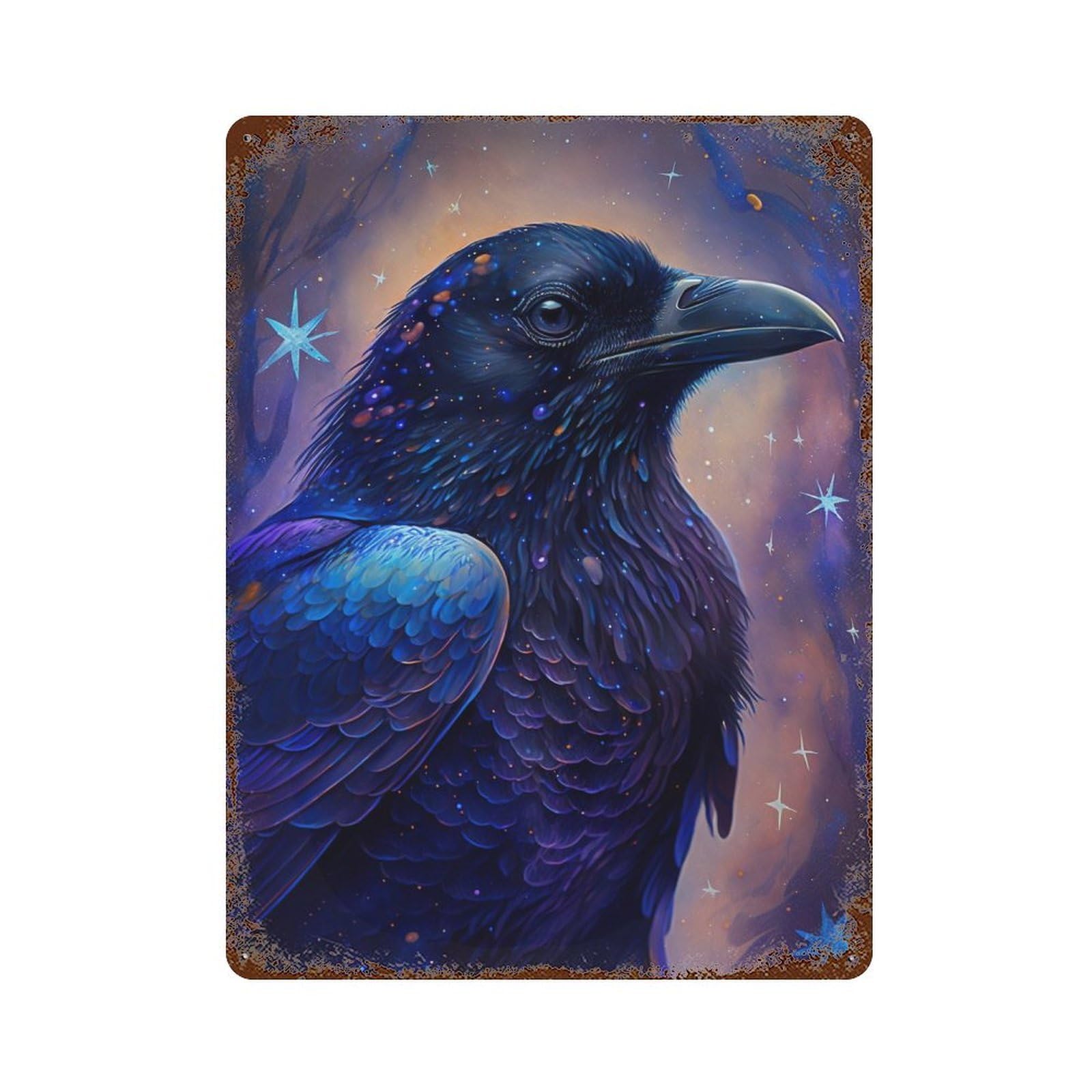 Cosmic Raven Artwork 15.7"x11.8" Rust Effect Tin Sign, Vintage Wall Decor for Farmhouse, Kitchen And Entryway Decor