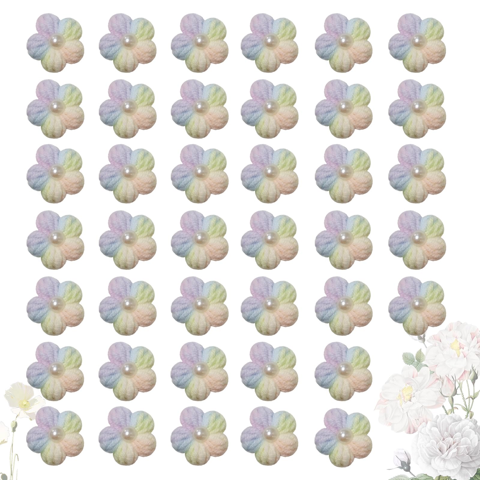 Knitted Flower Patches，Crochet Flowers Applique，40pcs Handmade Floral Sew on Patches，2cm DIY Appliques Embellishments with Pearl, Crochet Floral for Crafts,Sew Accessories(Beige/Green/Purple/Blue）