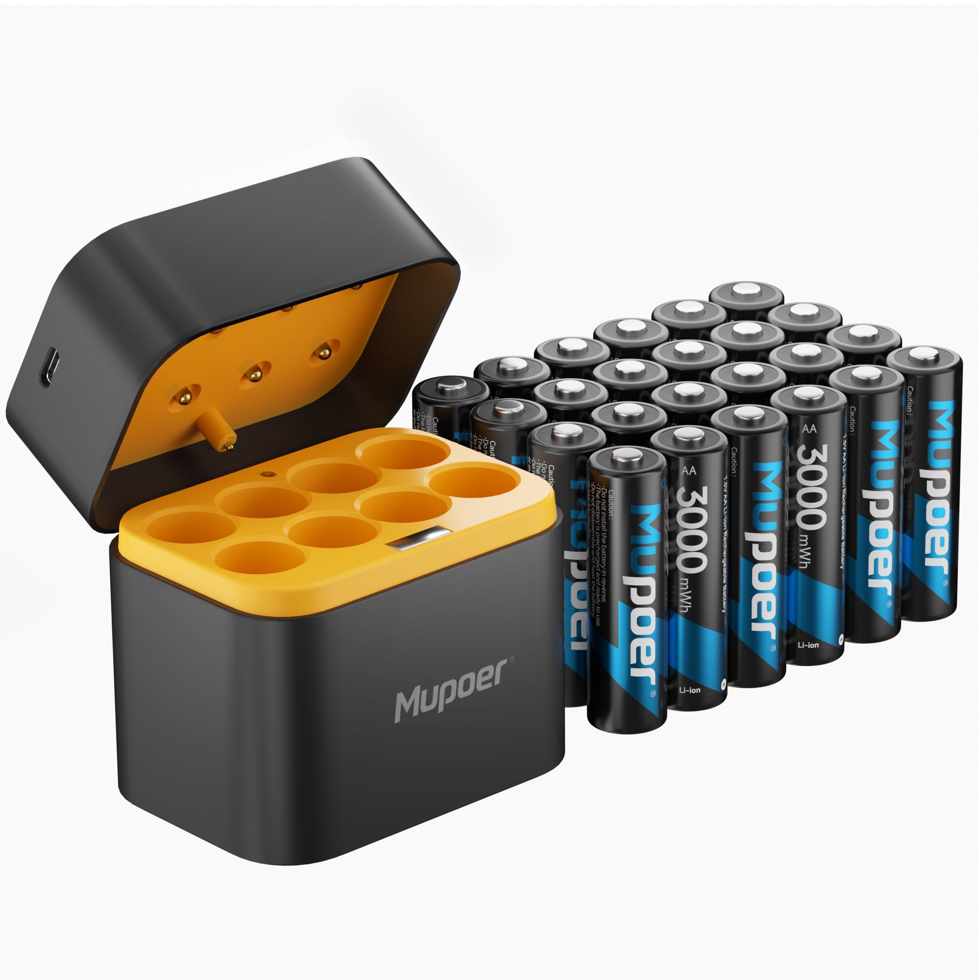 Mupoer 24 Pack Rechargeable AA Batteries Lithium with Charger,3000mWh 1.5V Lithium AA Blink Batteries,Double A Battery Rechargeable,Long Lasting Pilas Recargables Lithium ion AA Battery for Xbox