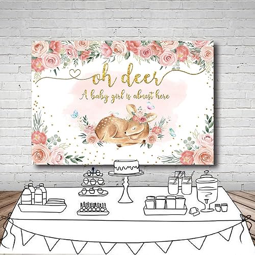 Miniatura 4 de MEHOFOND Telón de fondo para baby shower, diseño floral rosa para niñas, bosque, baby shower, fondo para fotos, vegetación con purpurina dorada,