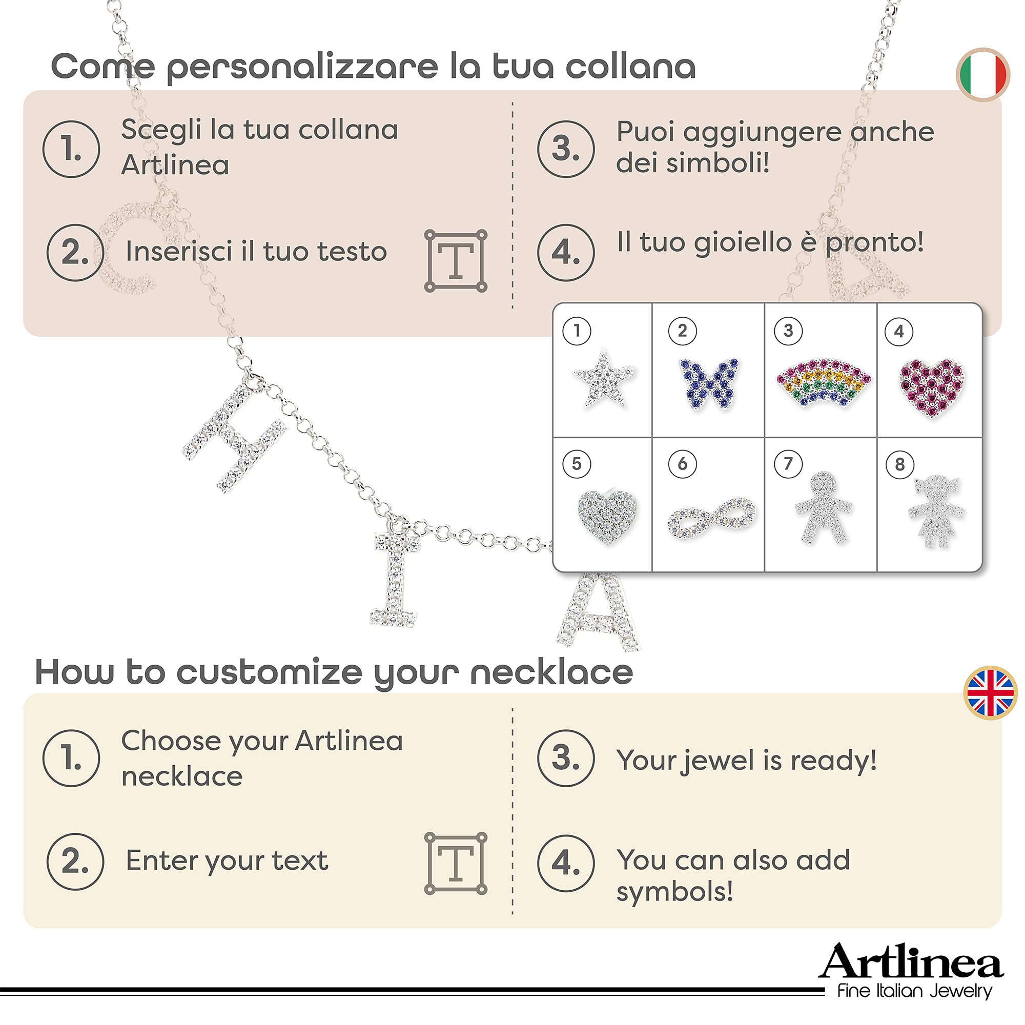 Artlinea, Collana in Argento 925 Sterling, Rodiato, Personalizzabile con Nome, Lettere o Simboli di Zirconi, Misura da 38 a 40,5 cm, Chiusura a Moschettone, Made in Italy