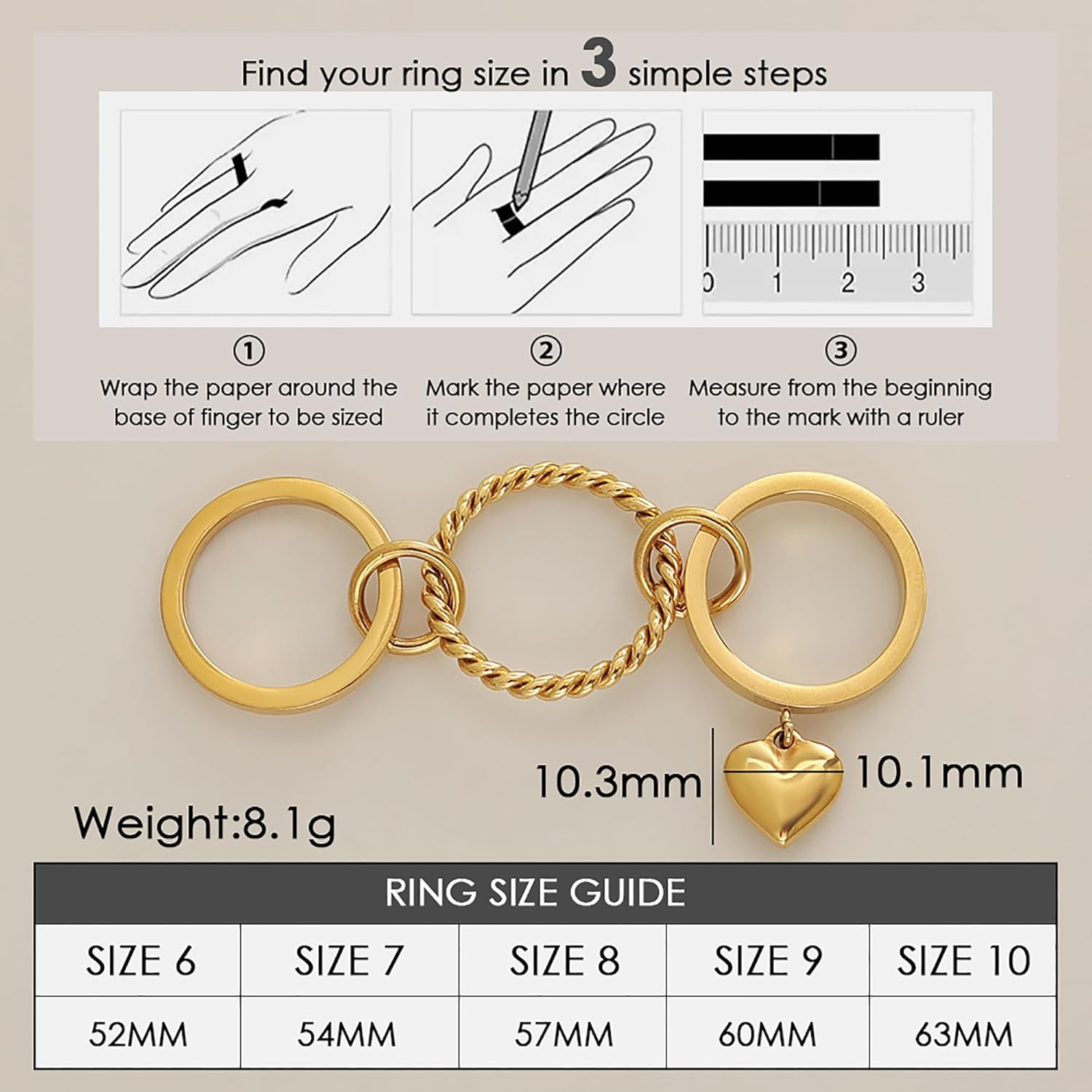 JINHUI 18k Gold Plated Rings Interlocked Stackable Rings for Women,Non Tarnish Statement Ring Set With Dainty Cubic Zirconia Stainless Steel Multi Ring Stack Charms Ring Fashion Jewelry for Women (heart, Gold, 8) - Image 5